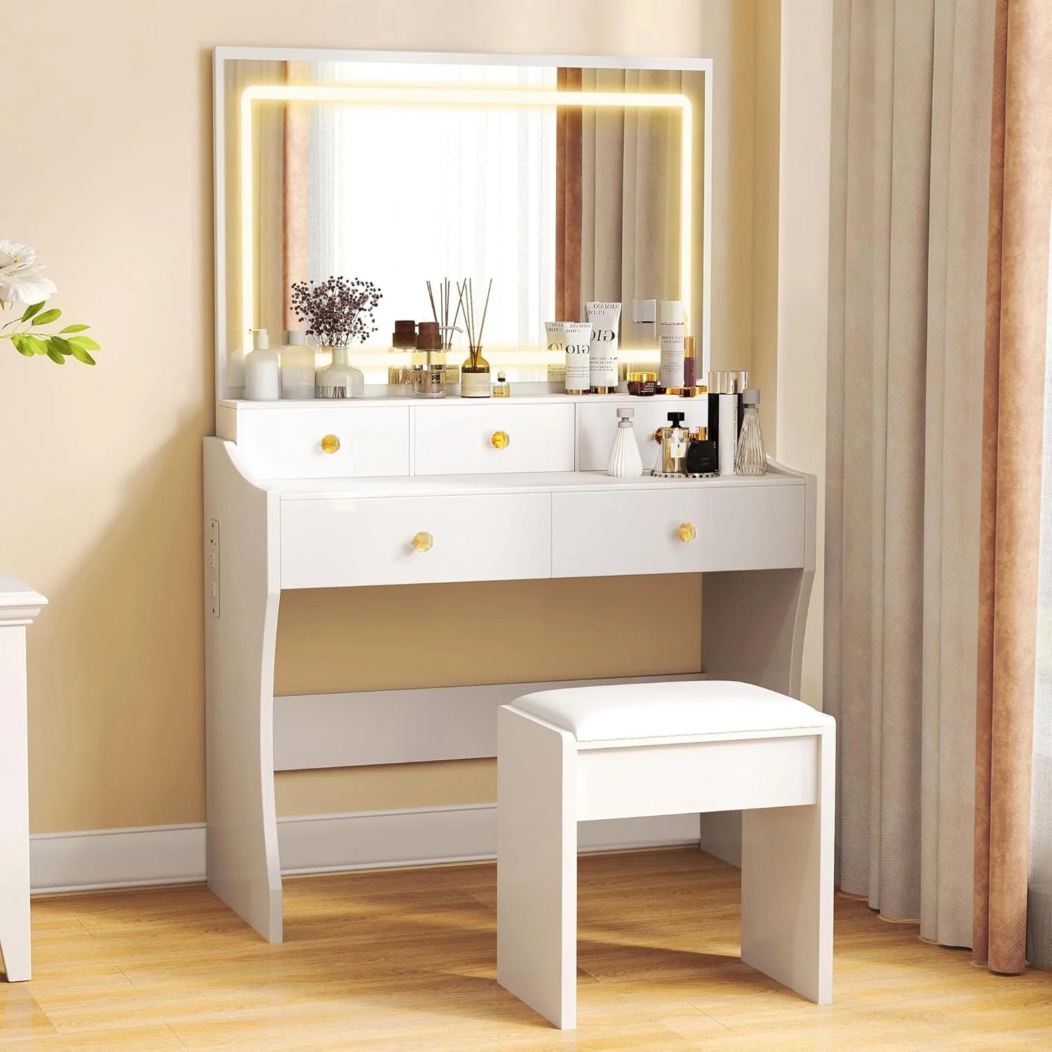 COMHOMA Makeup Vanity Desk with Mirror and Lights, Vanity Table and Chair Set