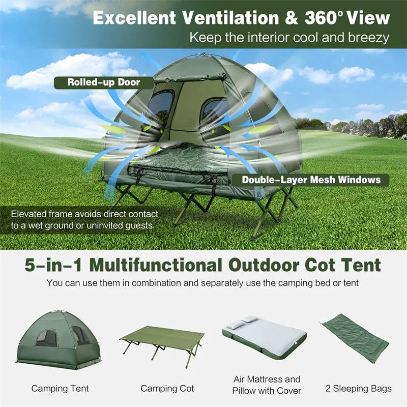 5-in-1 Tent Cot 2-Person Portable Outdoor Camping Tent Combo with Air Mattress Sleeping Bag