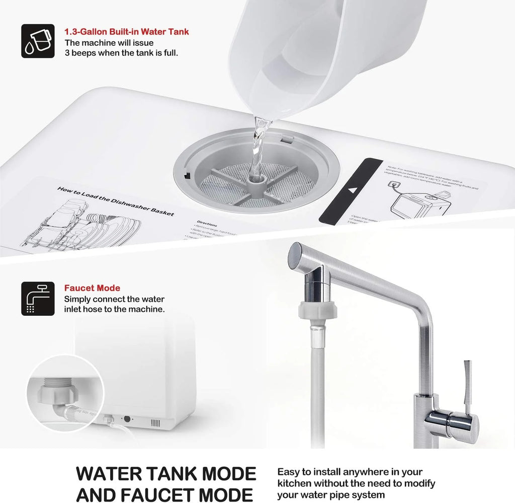 NOVETE Portable Countertop Dishwashers, Compact Dishwashers with 5 L Built-in Water Tank & Inlet Hose, 5 Washing Programs, Baby Care, Air-Dry Function and LED Light for Small Apartments