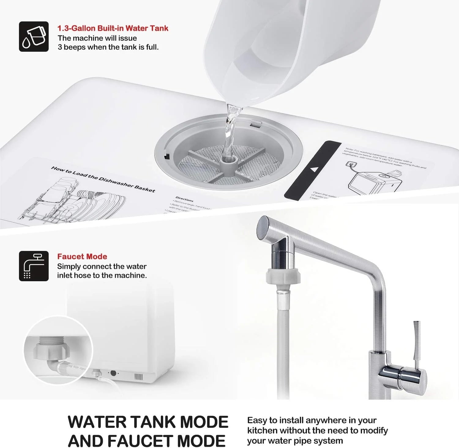NOVETE Portable Countertop Dishwashers, Compact Dishwashers with 5 L Built-in Water Tank & Inlet Hose, 5 Washing Programs, Baby Care, Air-Dry Function and LED Light for Small Apartments