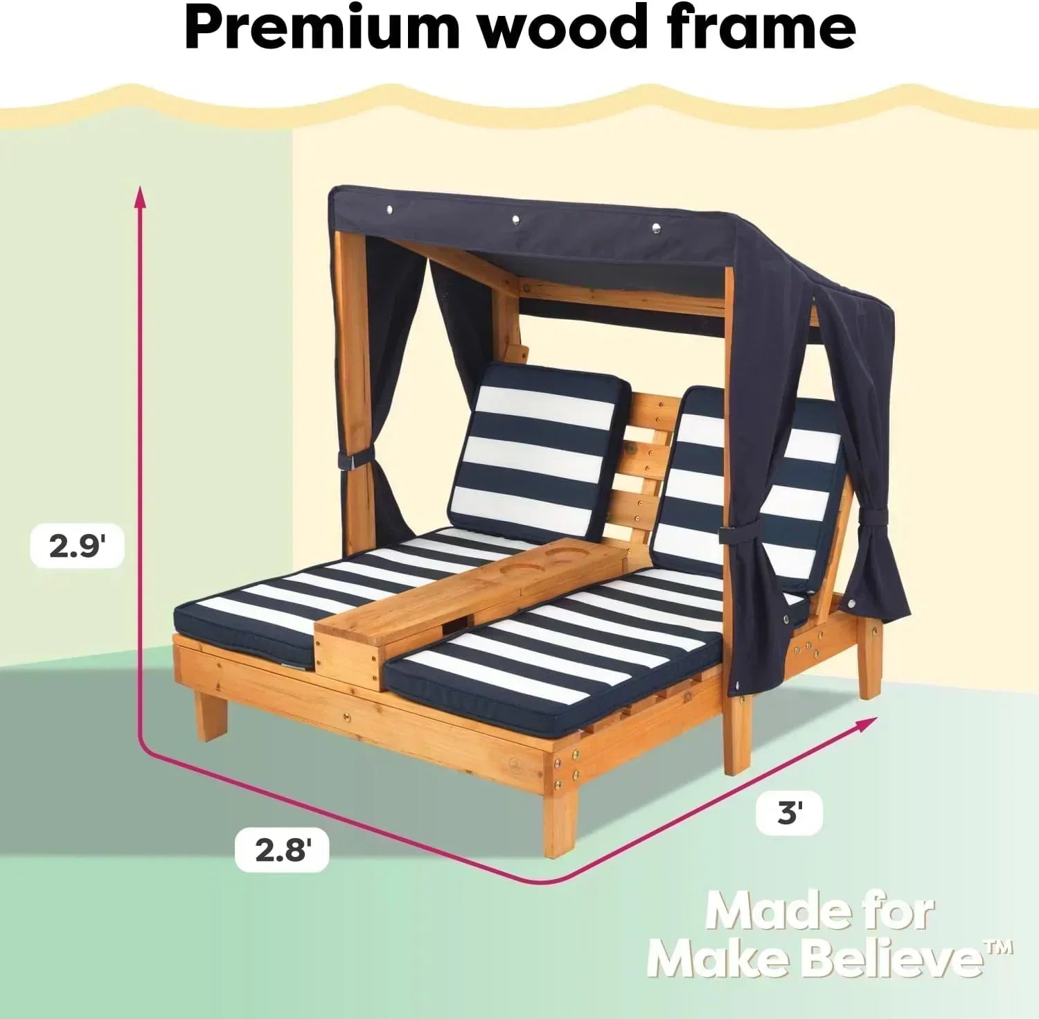 KidKraft Wooden Outdoor Double Chaise Lounge with Cup Holders Kids Patio Furniture Honey