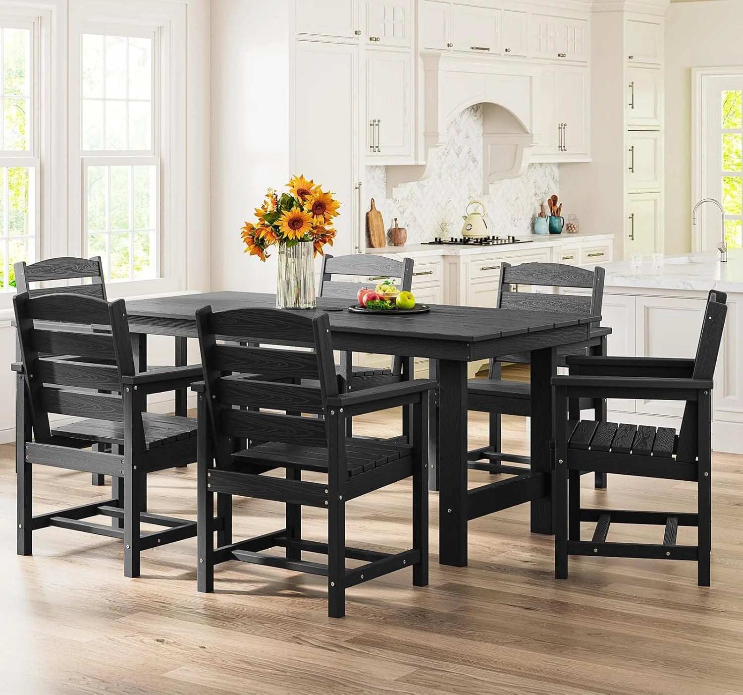 Outdoor HDPE Dining Table Set, 7-Piece Outdoor Dining Table Sets with Umbrella Hole Cut-Out Table and 6 Chairs