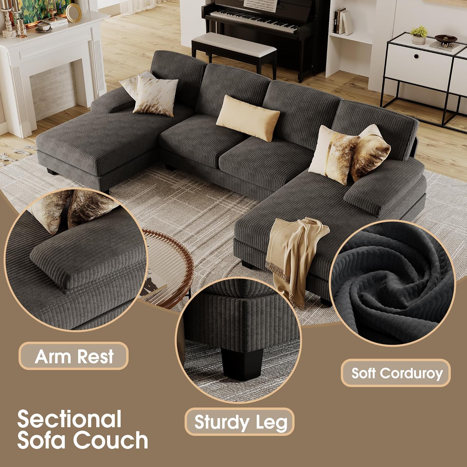 Furmax Sectional Couches for Living Room U-Shaped Sofa Couch Linen Fabric 4 Seat Sofa Set