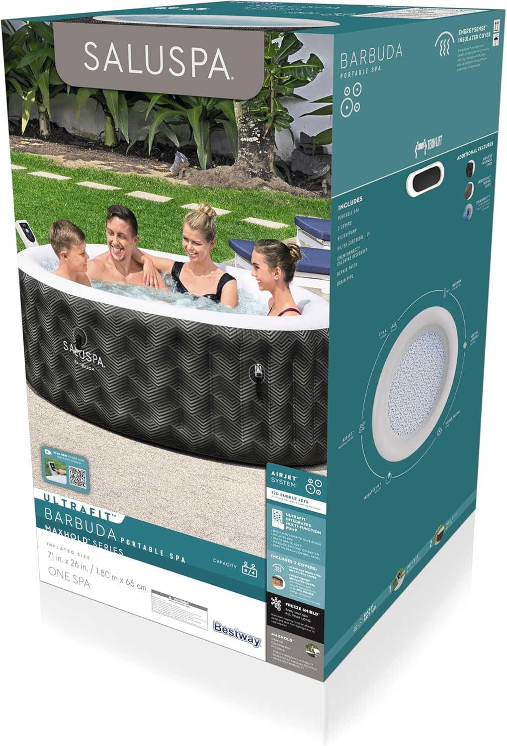Bestway SaluSpa Miami EnergySense AirJet Inflatable Hot Tub Spa (71 x 26) | Portable Hot Tub with 2 Covers (1 Energy-Efficient Thermal Cover and 1 Standard Cover) | Fits Up to 2-4 Persons | Black