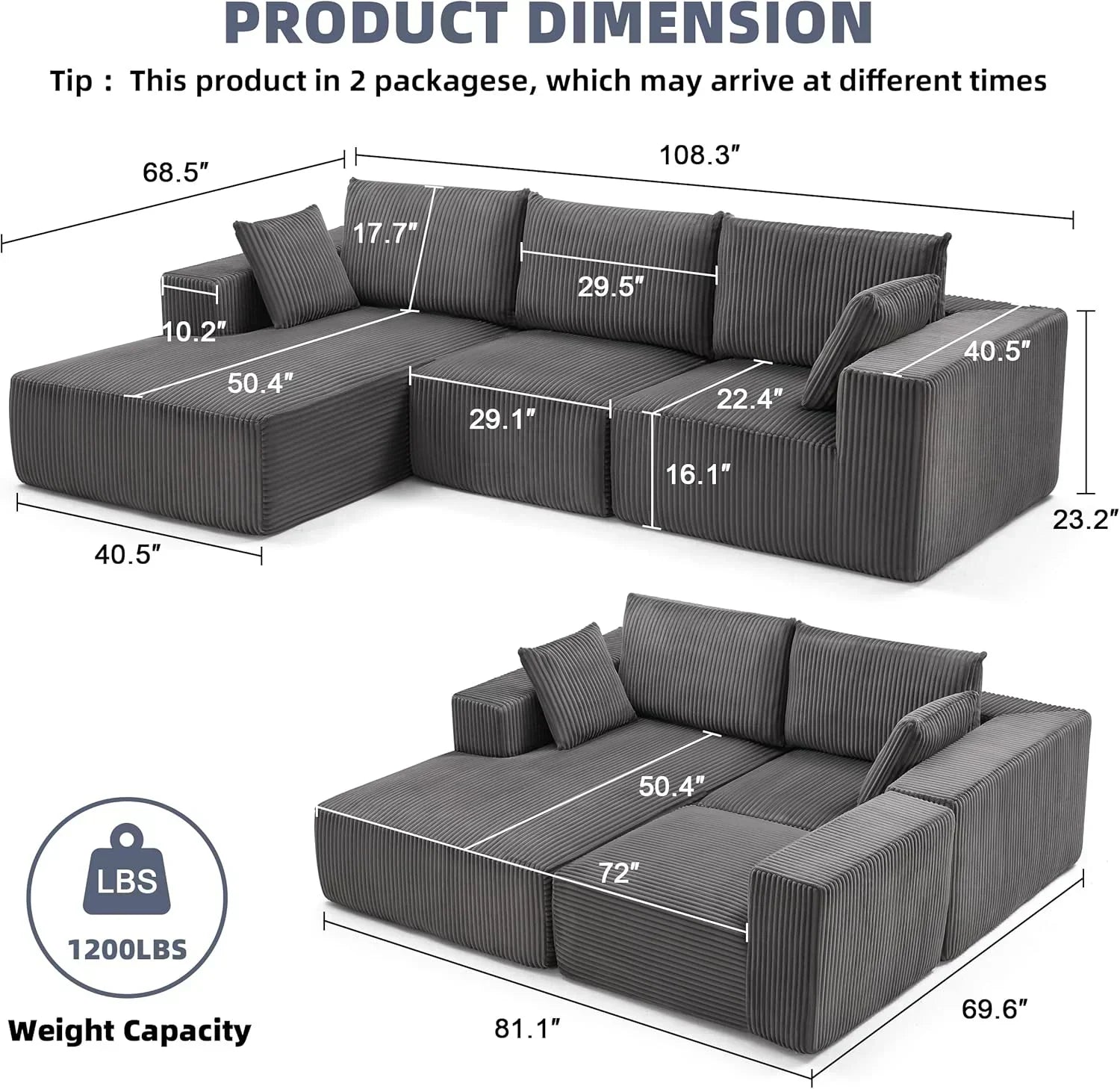 108-inch modular sofa cloud modular sofa with deep seat and reclining chair upholstered sofa