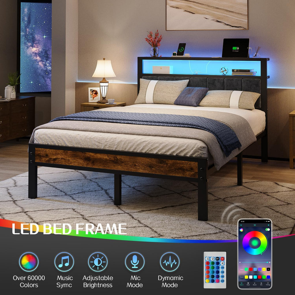 Queen Size Bed Frame with 2-Tier Storage Shelves Headboard Platform Bed with Charging Station