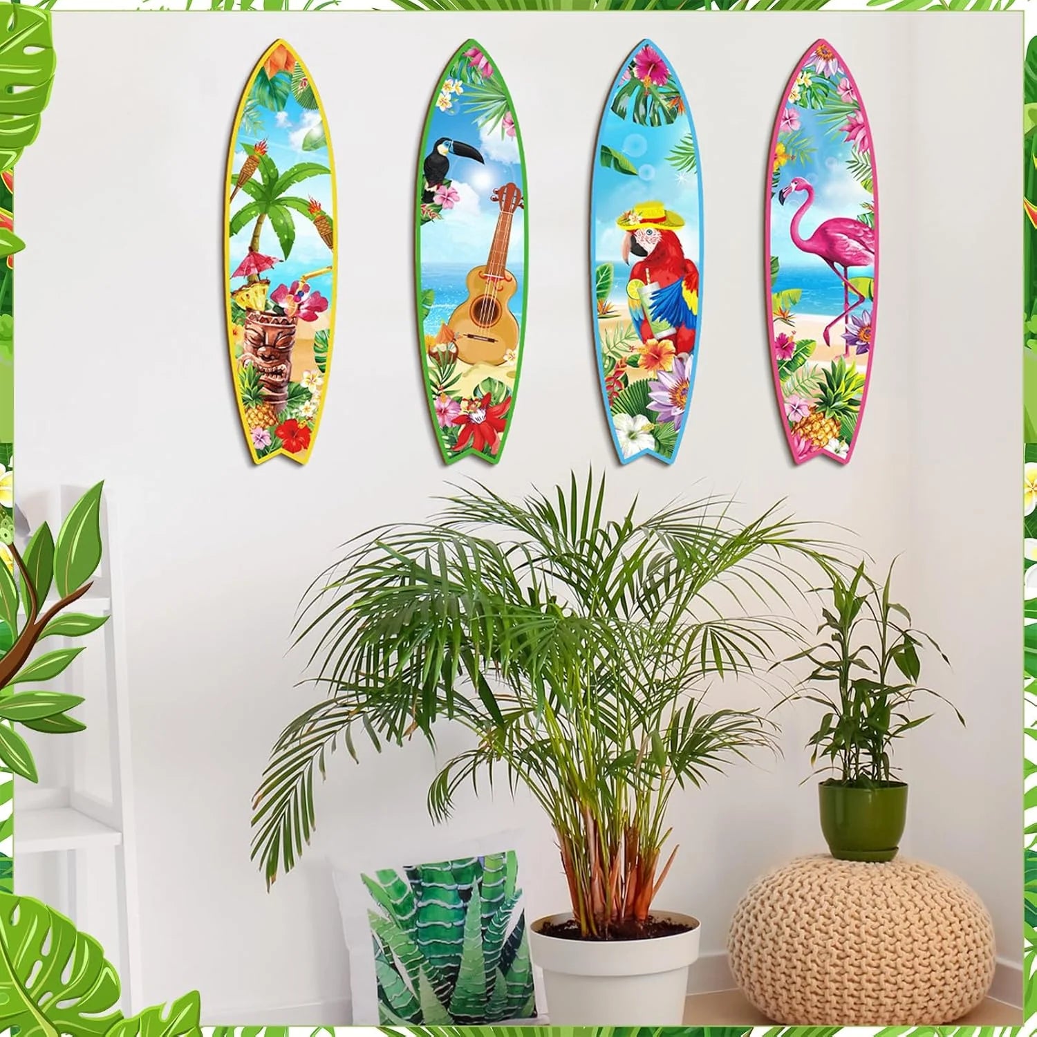 Blulu 4 Pcs Surfboard Wall Decor Surfboard Wall Hanging Sign Wooden Beach Decoration Summer Theme Decor Hawaiian Luau Party Decoration for Home Bar Aloha Tropical Birthday Party(Tiki)