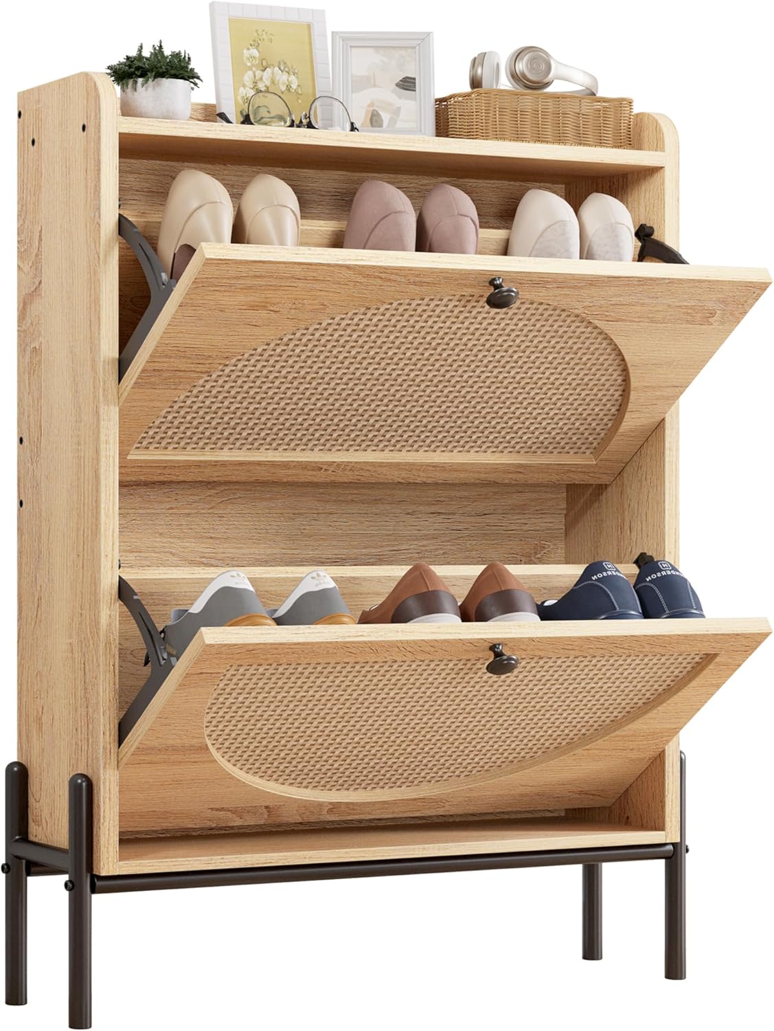 IRONCK Shoe Cabinet Storage 2 Drawers Free Standing Wooden Shoe Storage Organizer Cabinet