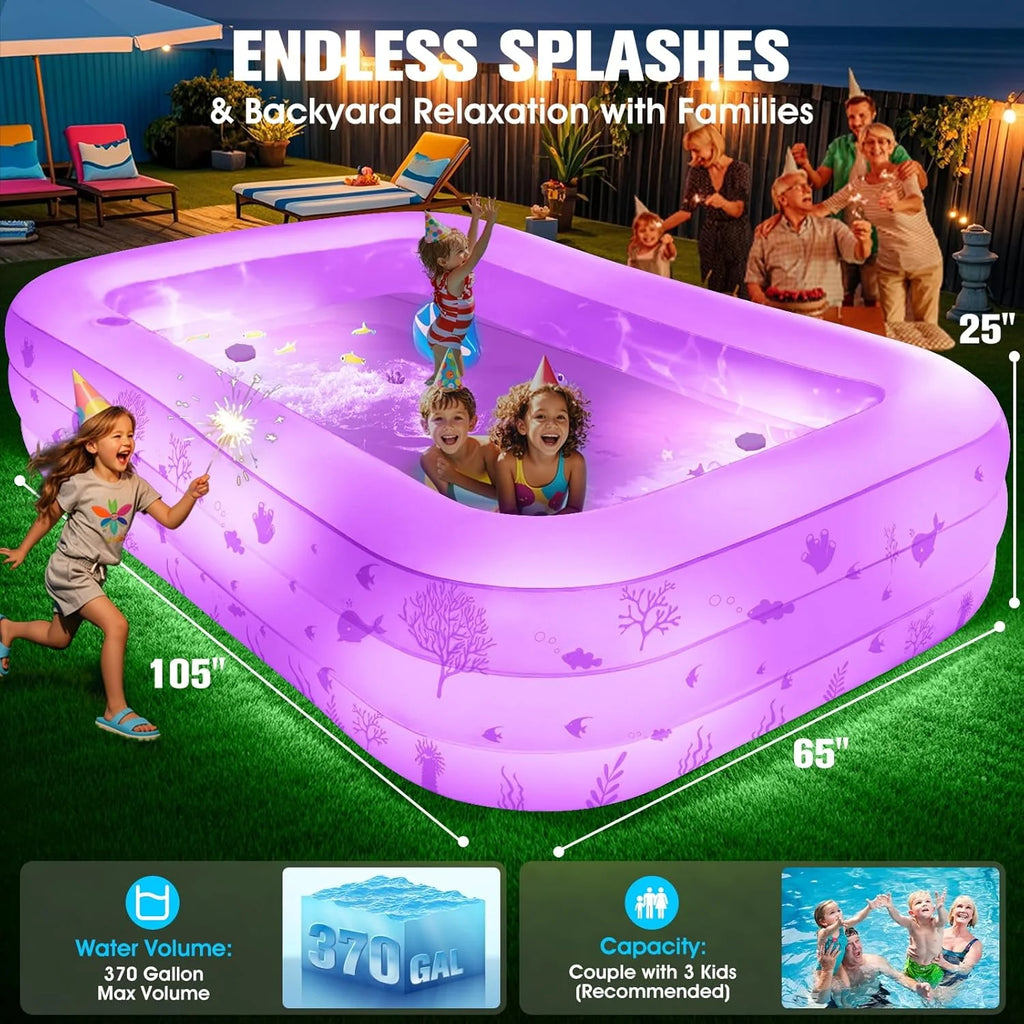 Inflatable Pool with Seat and Pool Lights, Durable Thickened Large Size Family Inflatable Pools for Adults Blow Up Pools,105 x 65 x 25Swimming Inflatable Kids PooI for Backyard,Outdoor (White)