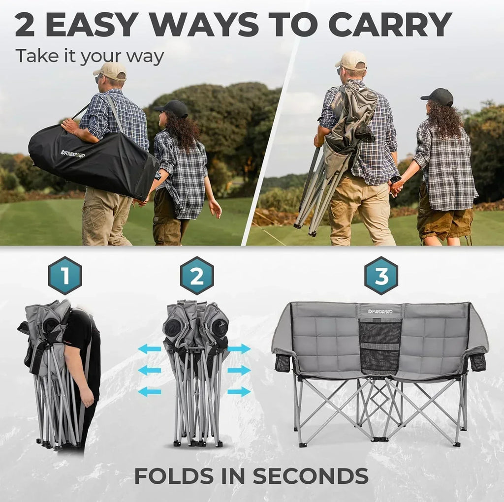 Double Camping Chair Cooler 3-Person Folding Extra Large Camping Chair 1000-Pound Capacity