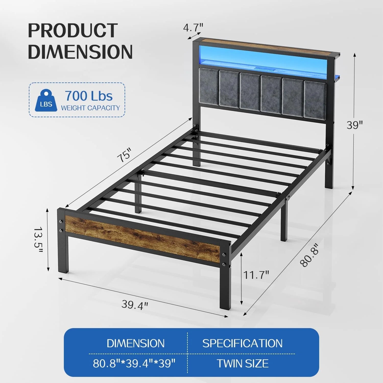 Queen Size Bed Frame with 2-Tier Storage Shelves Headboard Platform Bed Charging Station