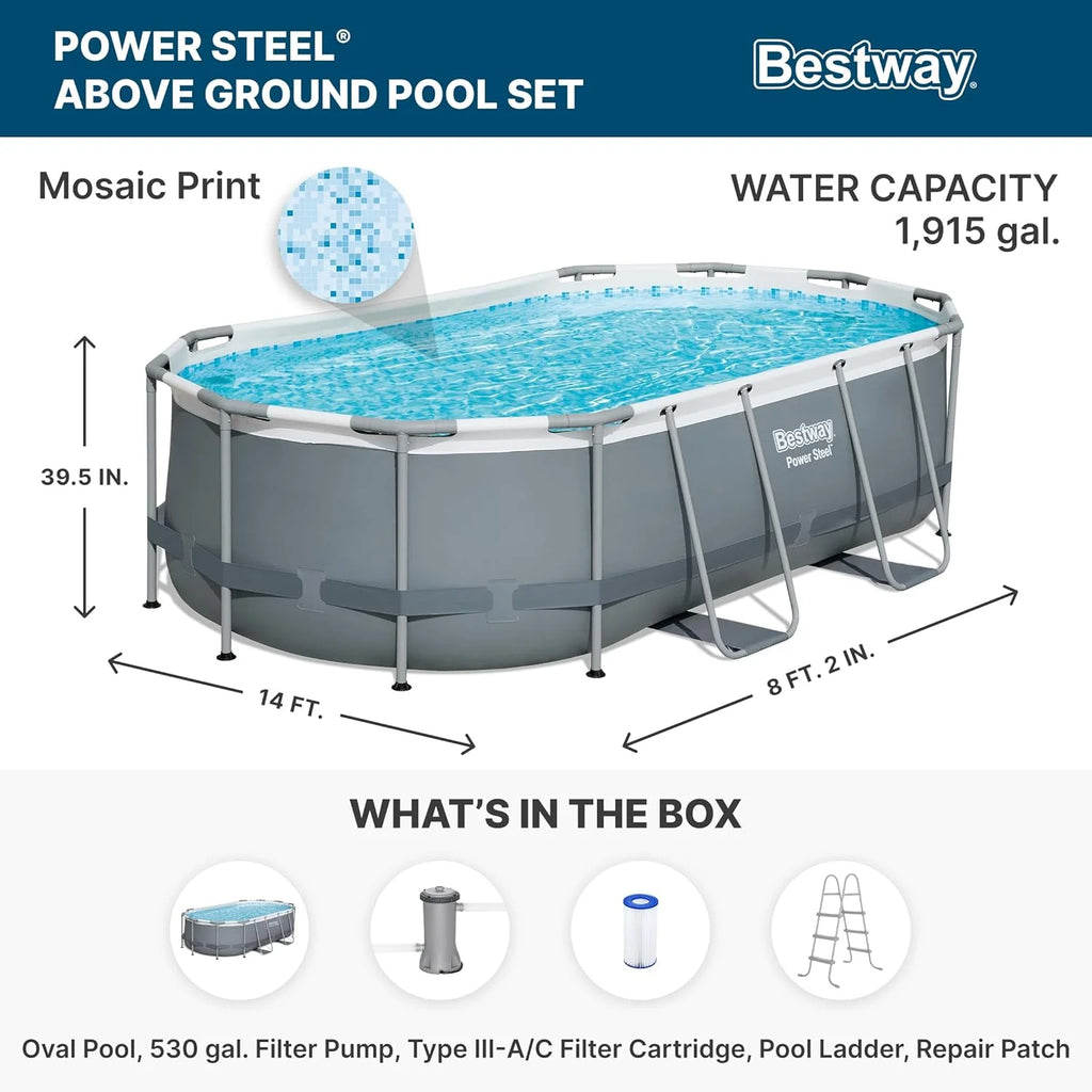 Power Steel 14' x 8'2 x 39.5 Oval Above Ground Pool Set | Includes 530gal Filter Pump, Ladder, ChemConnect Dispener
