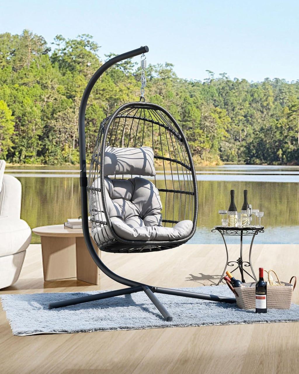HWB Hanging Egg Chair Patio Wicker Hammock Egg Swing Chair with Cushion for Bedroom