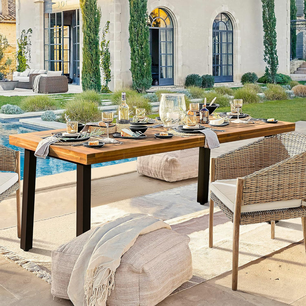 Devoko Home Acacia Wood Dining Table 6-Person Indoor Outdoor Table Iron Legs Sandblast Finish