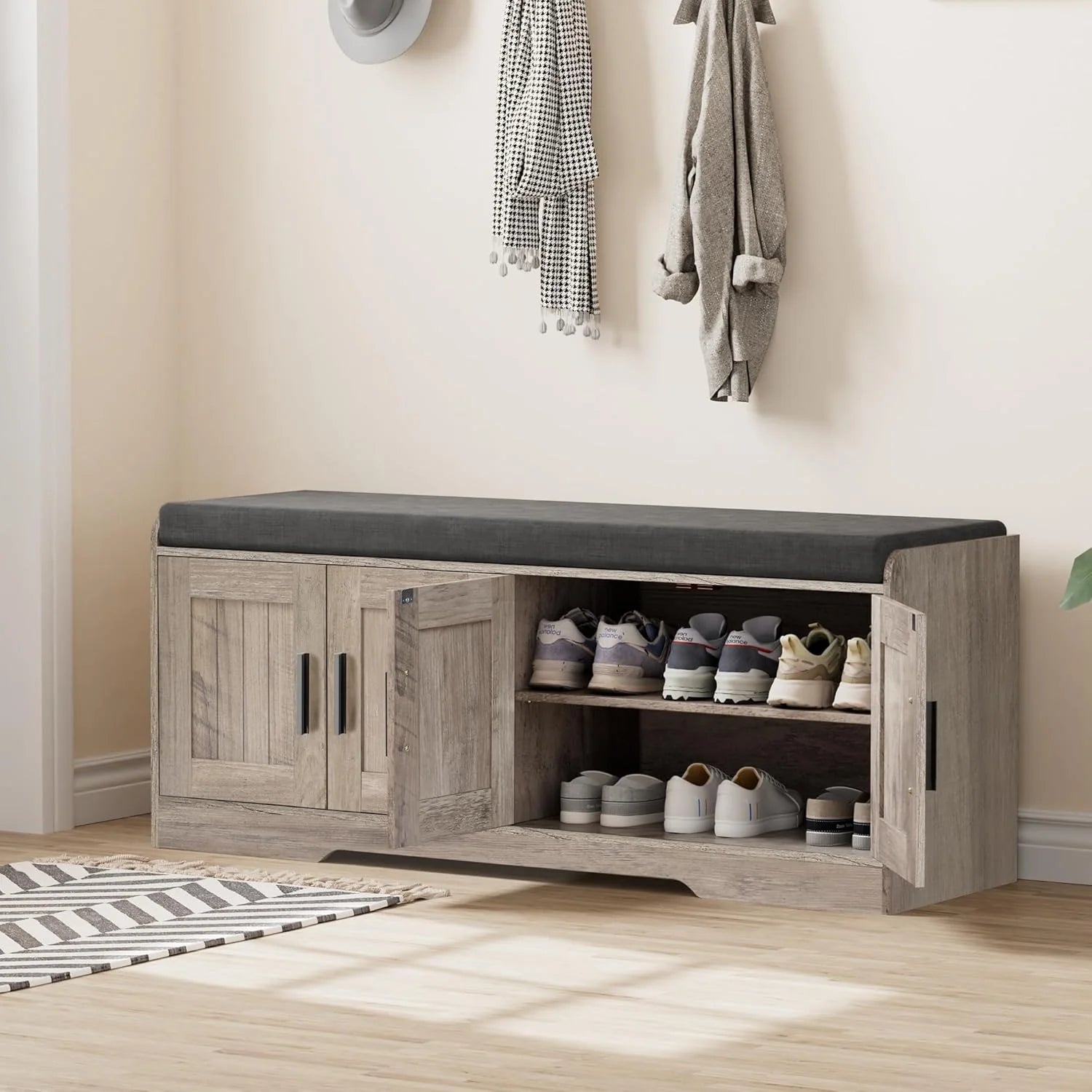 2-Tier Storage Bench, Shoe Bench with Thickened Padded Seat Cushion, Entryway Bench with 4 Doors, Adjustable Shelf, 13.8 D x 45.3 W x 18.5 H, for Entryway, Living Room, Bedroom, White