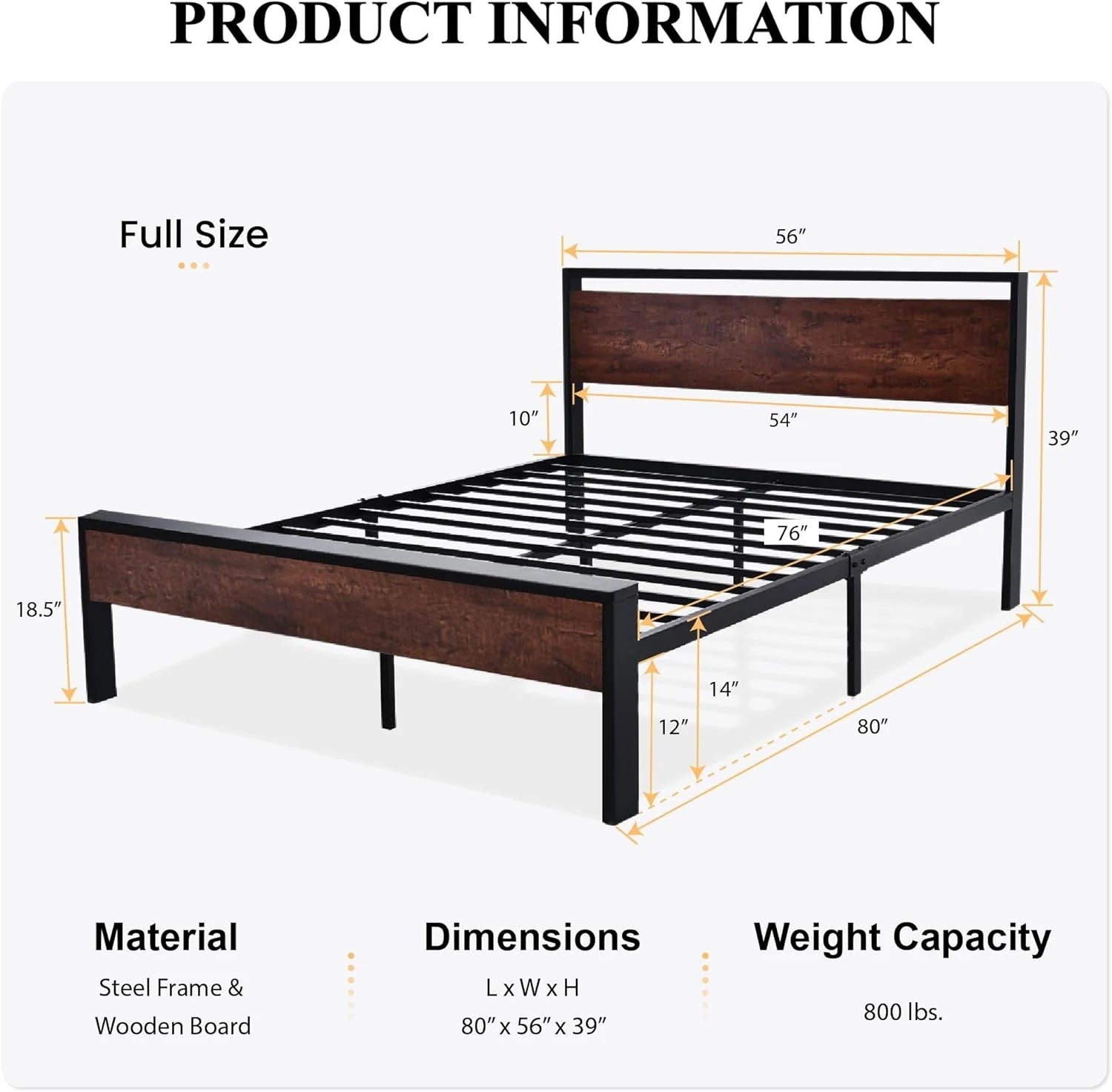SHA CERLIN 14 Inch Queen Size Metal Platform Bed Frame with Wooden Headboard and Footboard