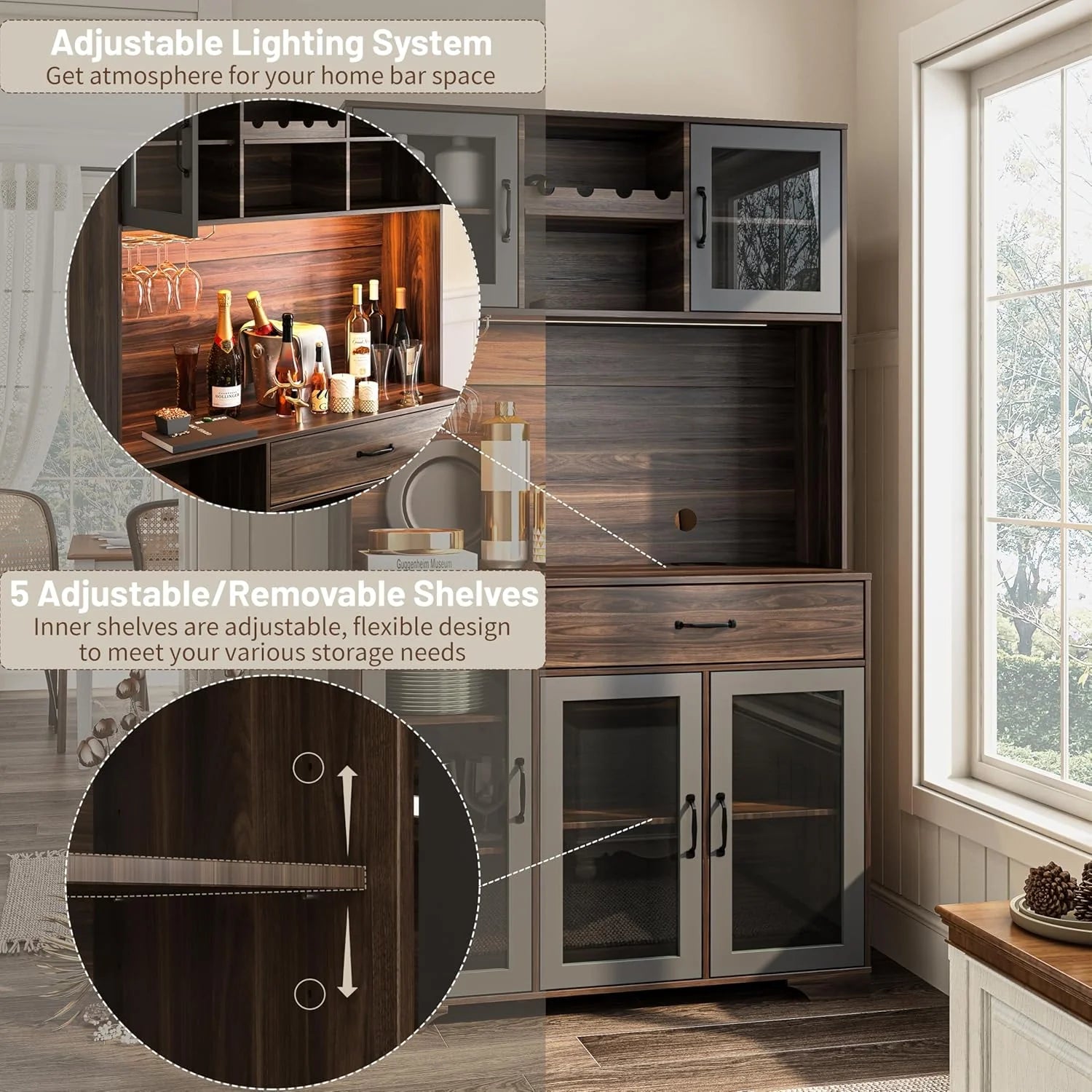 Kitchen Hutch Pantry Cabinet 71 Tall with Glass Doors