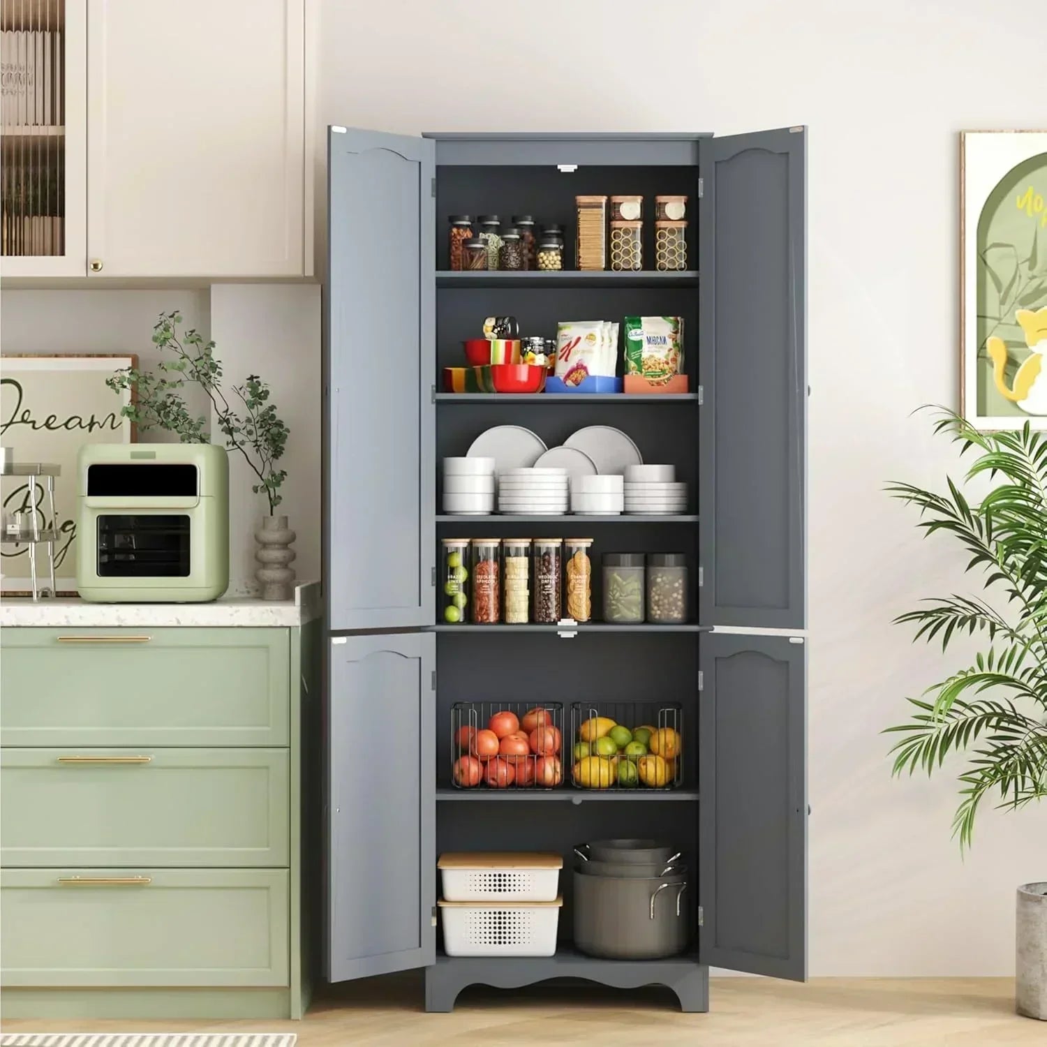 Tall Pantry Cabinet Freestanding Storage Cabinet Wooden Kitchen Pantry with 4 Doors