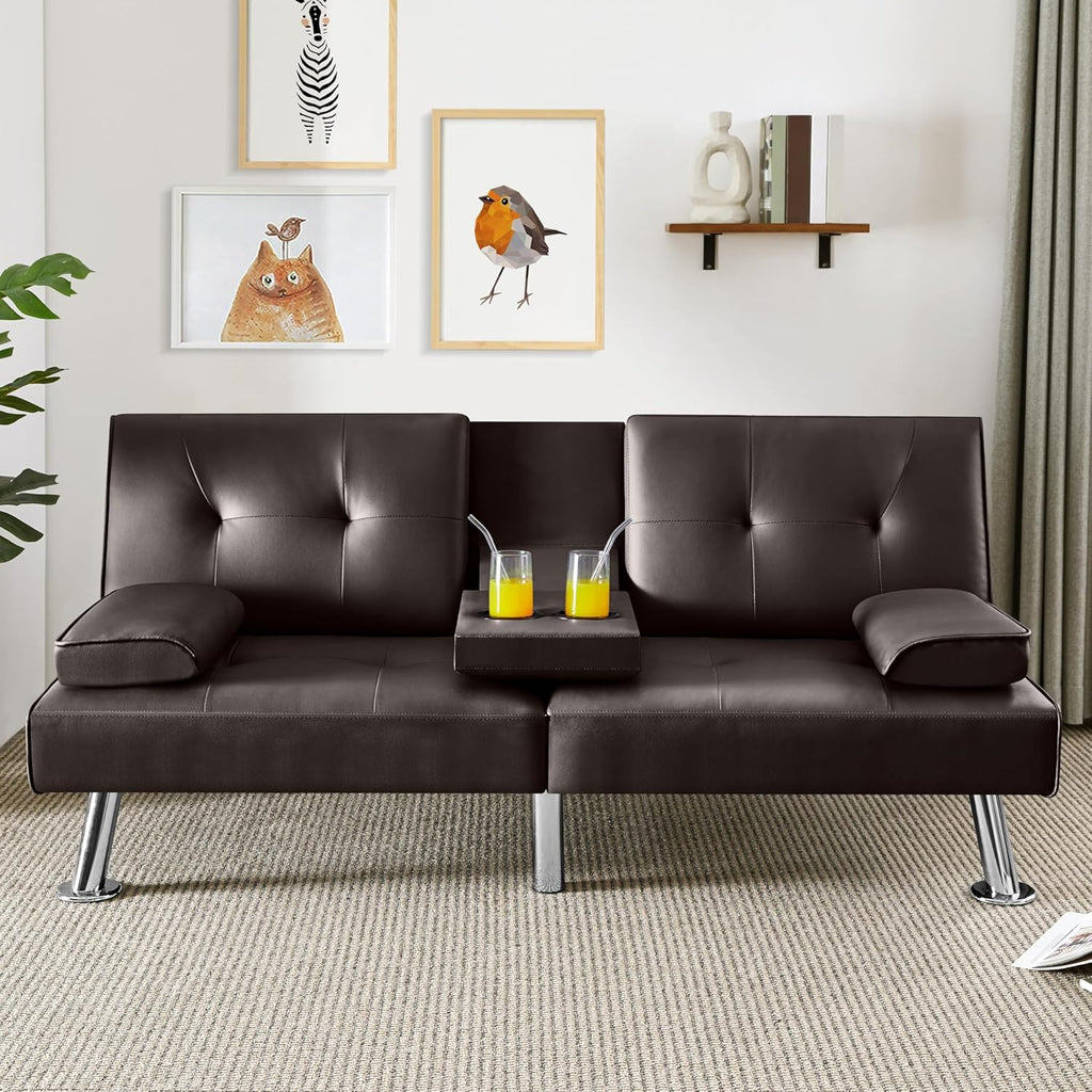 Yaheetech Convertible Sofa Bed Adjustable Couch Sleeper Modern Faux Leather Home Recliner Reversible Loveseat Folding Daybed Guest Bed, Removable Armrests, Cup Holders, 3 Angles, 772lb Capacity, Brown