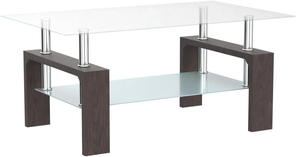 Living Room Rectangle Coffee Table, Tea Table Suitable for Waiting Room, Modern Side Coffee Table with Wooden Leg, Glass Tabletop