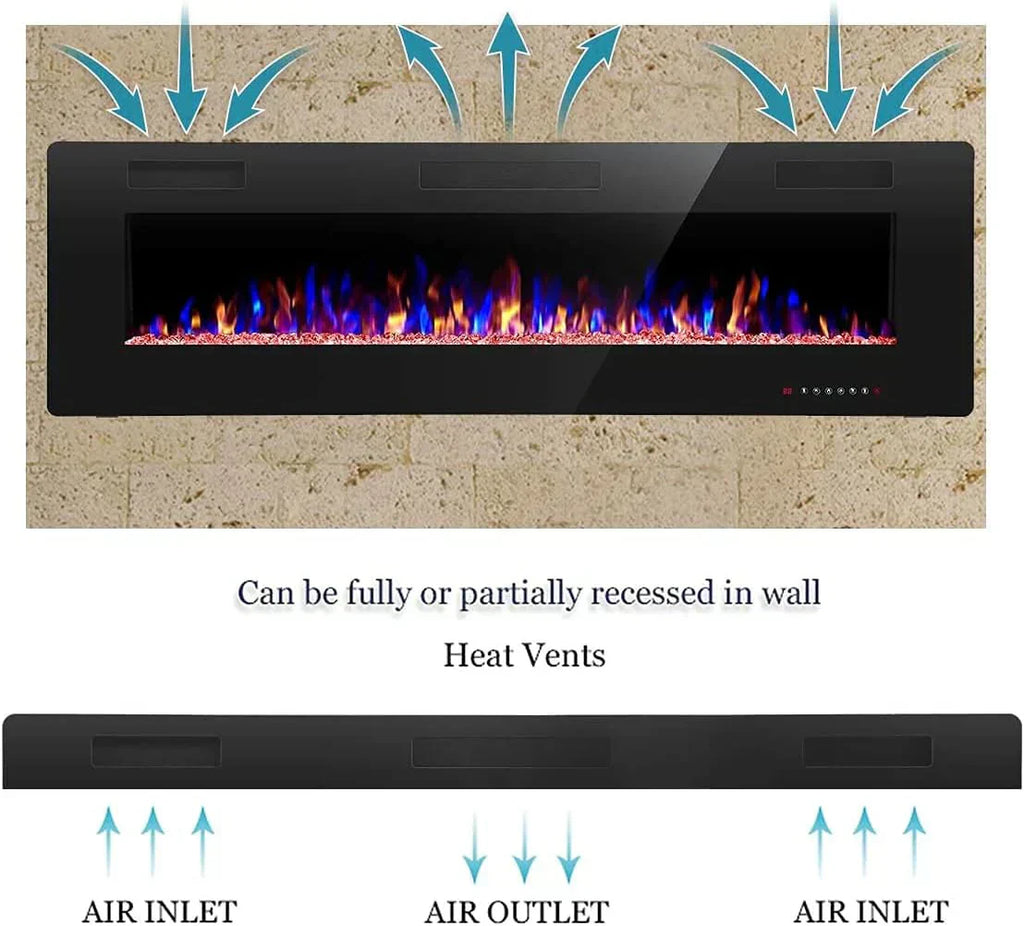 R.W.FLAME 60 Recessed and Wall Mounted Electric Fireplace Low Noise Fit for 2 x 6 Stud