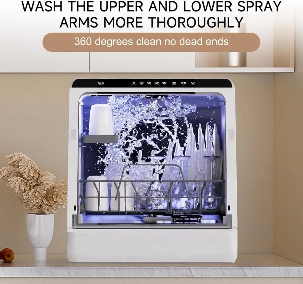 Mini countertop dishwasher. Compact dishwasher with drying function. Double spray arms. Portable countertop dishwasher
