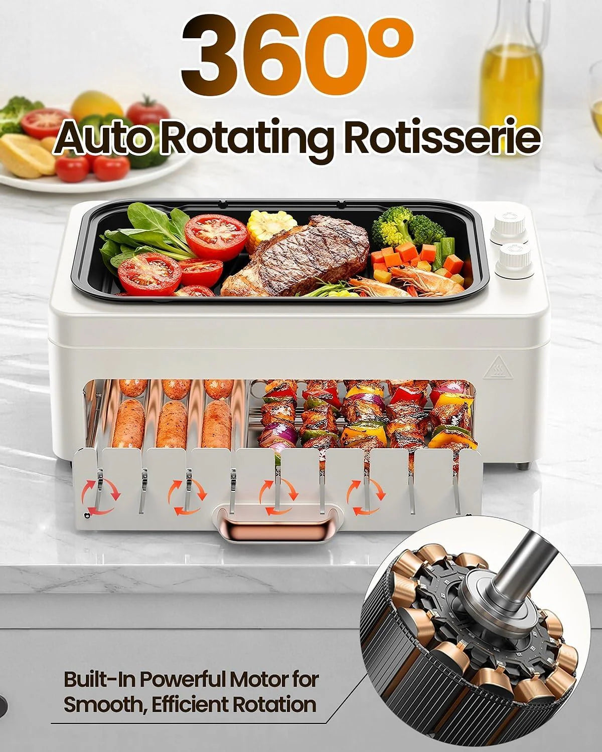 4-in-1 Electric Indoor Grill Smokeless for Home,Countertop Electric Grill with Removable Sizzling Grill Pan & Grate + Auto Rotating Kabob Skewers + Electric Hot Dog Roller Dual Zone Cook with Lid