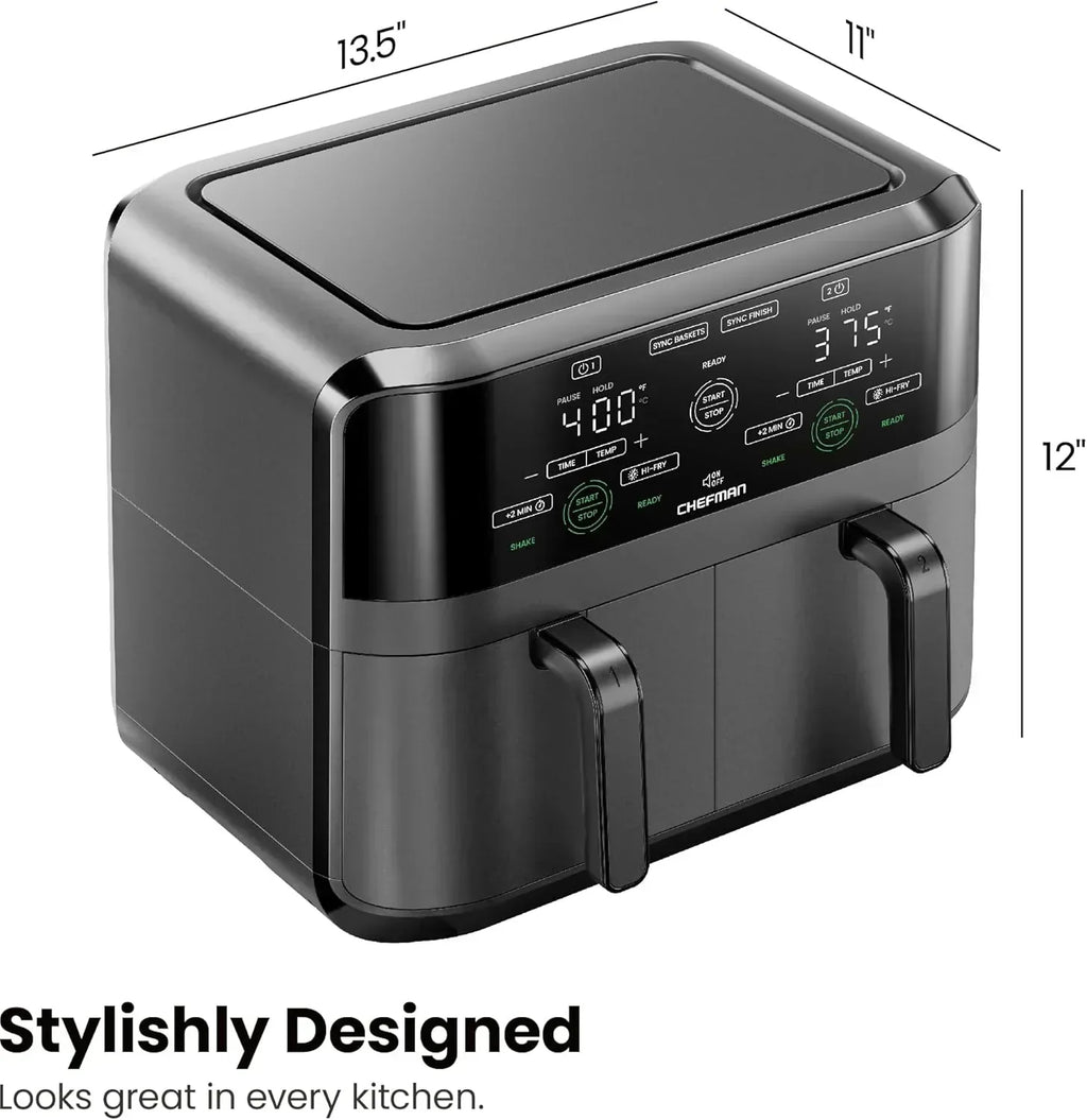 Chefman 6-Quart Dual Basket Air Fryer Digital Touchscreen Smart Sync Finish High-Frying