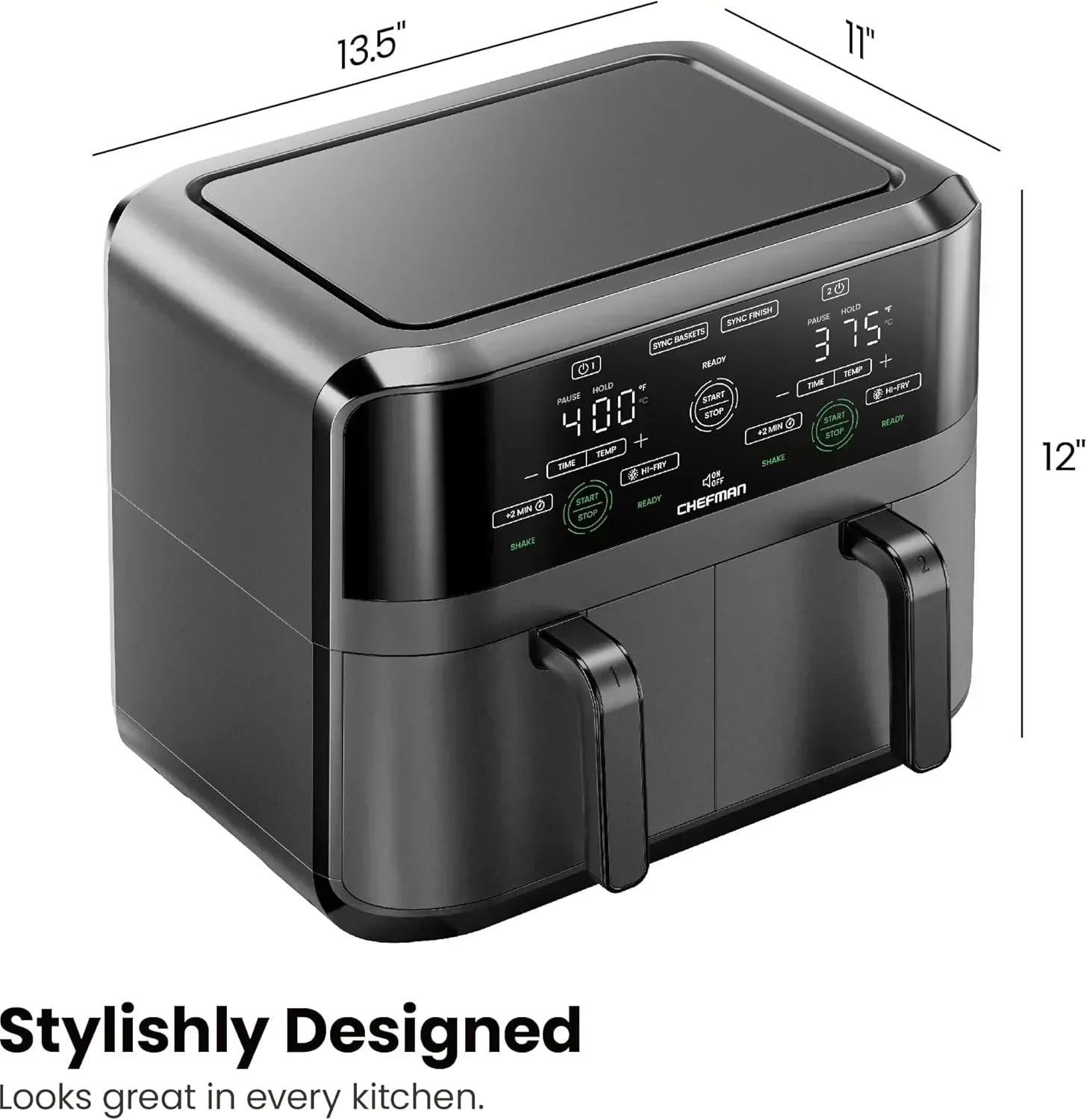 Chefman 6-Quart Dual Basket Air Fryer Digital Touchscreen Smart Sync Finish High-Frying