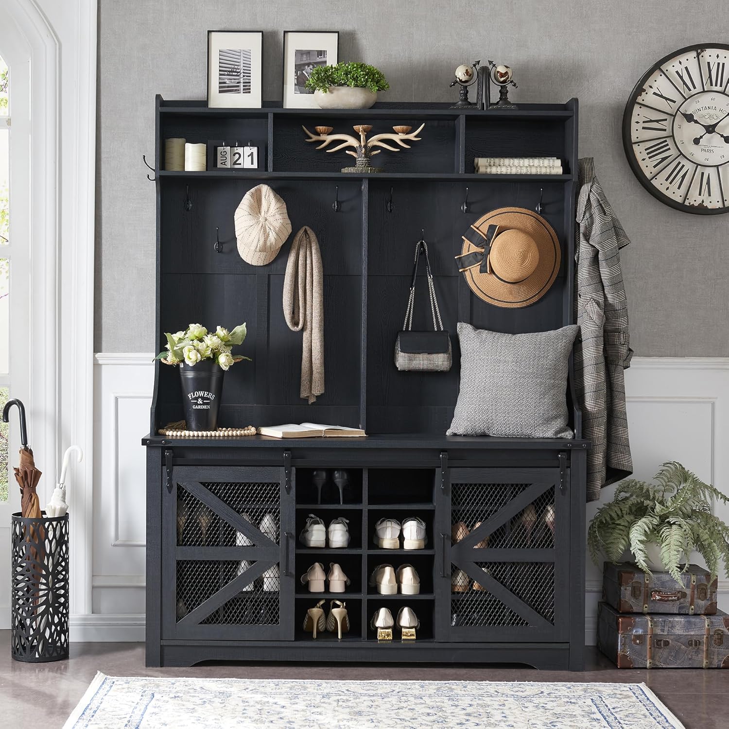 JXQTLINGMU 59-inch Farmhouse Foyer Tree Shoe Storage Entryway Bench Foyer Coat Rack Cabinet