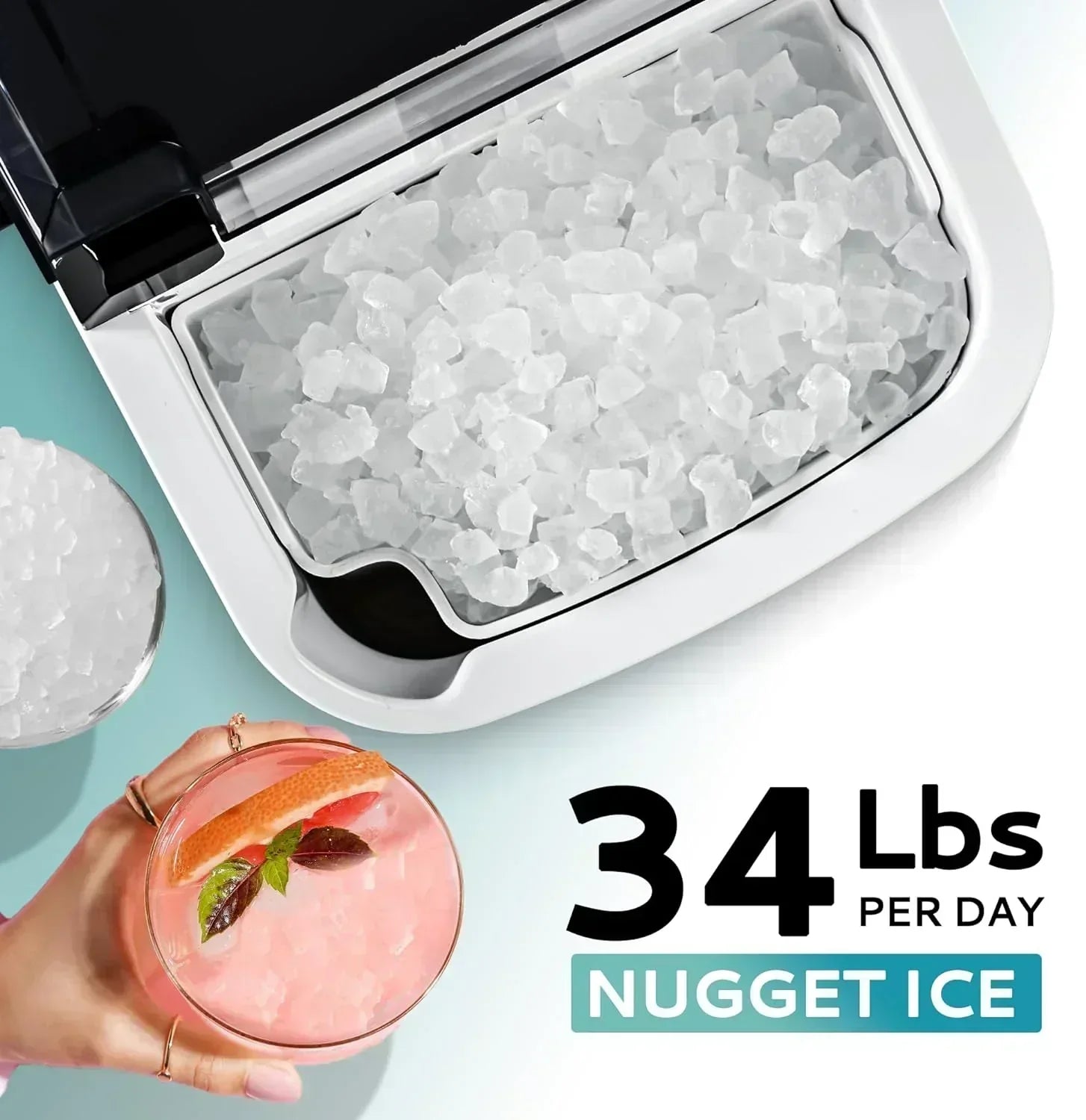 EUHOMY Nugget Ice Maker Countertop with Handle Ready 34lbs Per Day Removable Top Cover