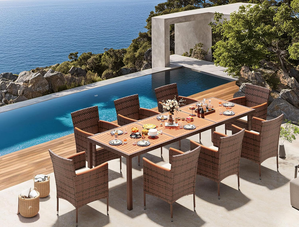 Devoko Dining 7 PCS Furniture Patio Conversation Set with Acacia Wood Table Top Rattan Outdoor