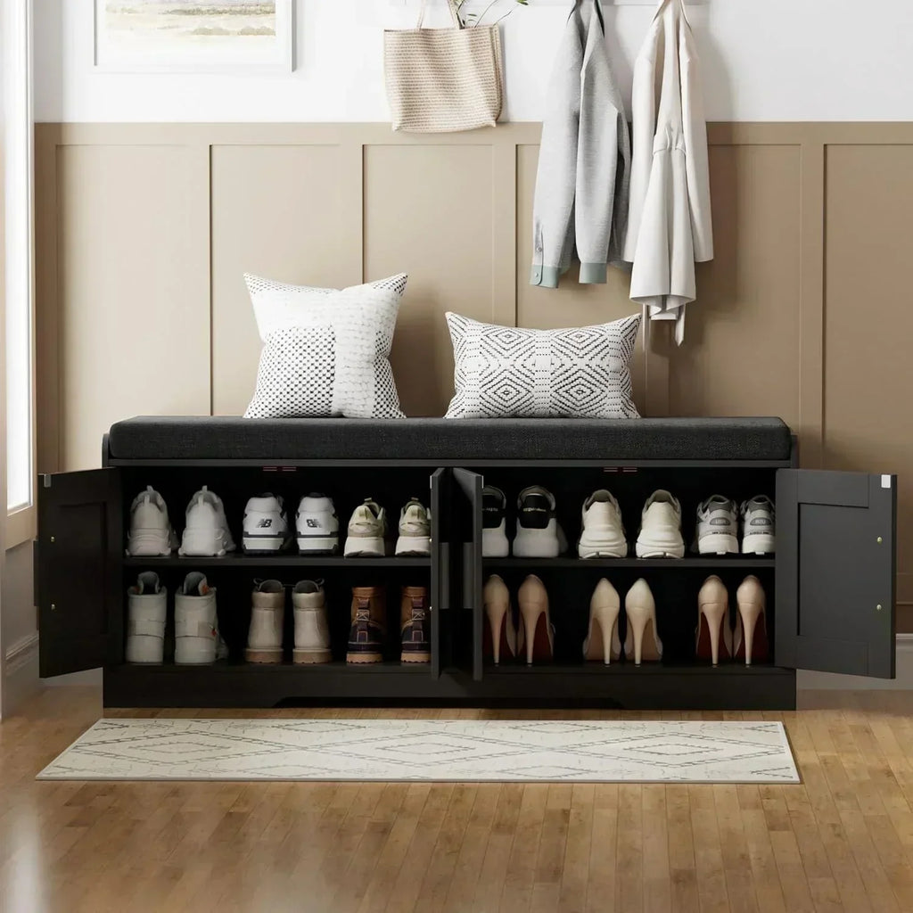 2-Tier Storage Bench Shoe Bench with Thickened Padded Seat Cushion Entryway Bench