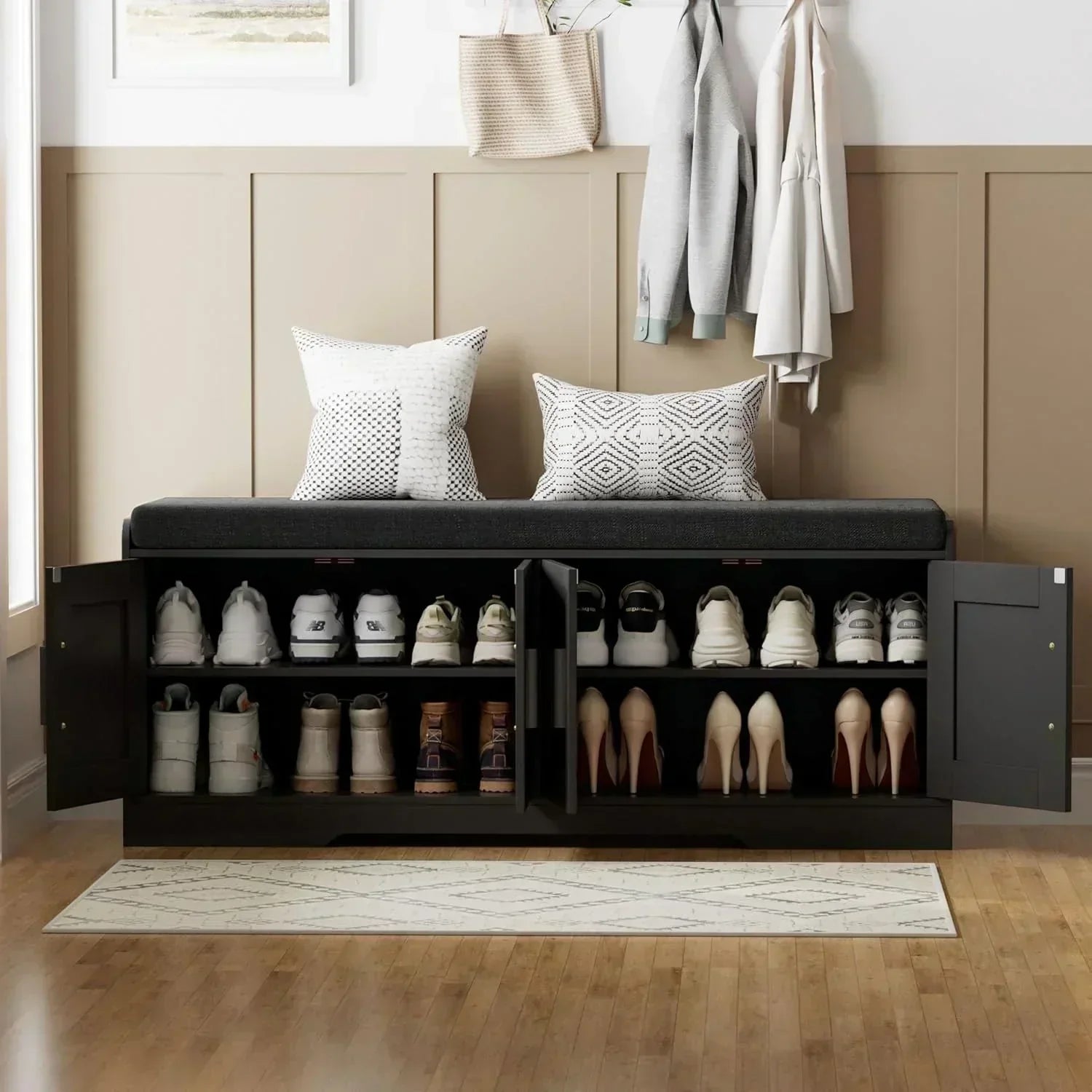 2-Tier Storage Bench Shoe Bench with Thickened Padded Seat Cushion Entryway Bench