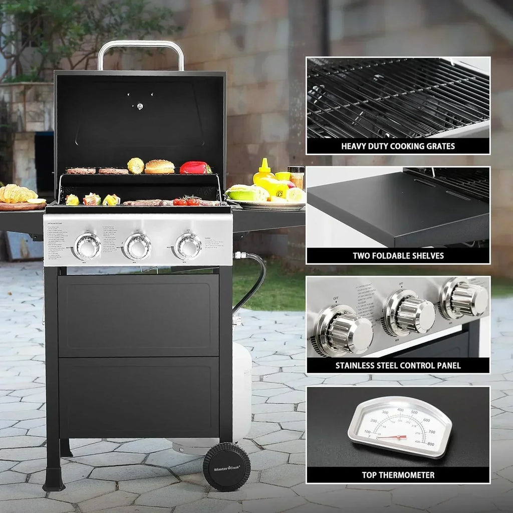 3 Burner BBQ Propane Gas Grill Stainless Steel 30,000 BTU Patio Garden Barbecue Grill
