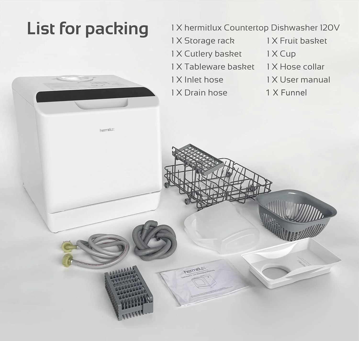 Hermitlux Countertop Dishwasher, 7 Washing Programs Portable Mini Dishwasher with 5-Liter Built-in Water Tank for Apartments & RVs, LED Light, Glass Door, No Hookup Needed
