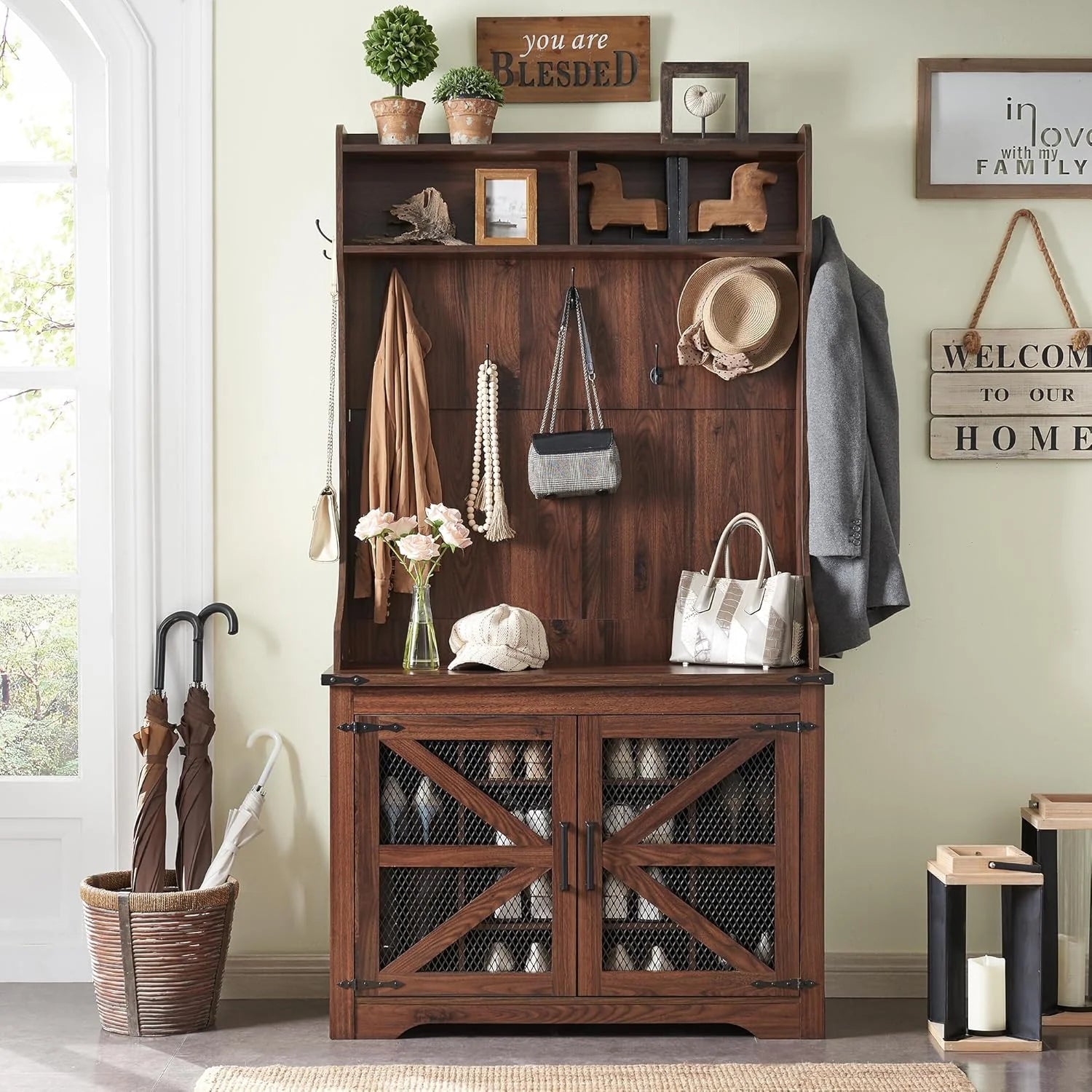 JXQTLINGMU 59 Farmhouse Hall Tree with Shoe Storage, Entryway Bench with 20 Cubbies, 12 Hooks & Sliding Barn Doors, Mudroom Coat Rack Cabinet, Off White