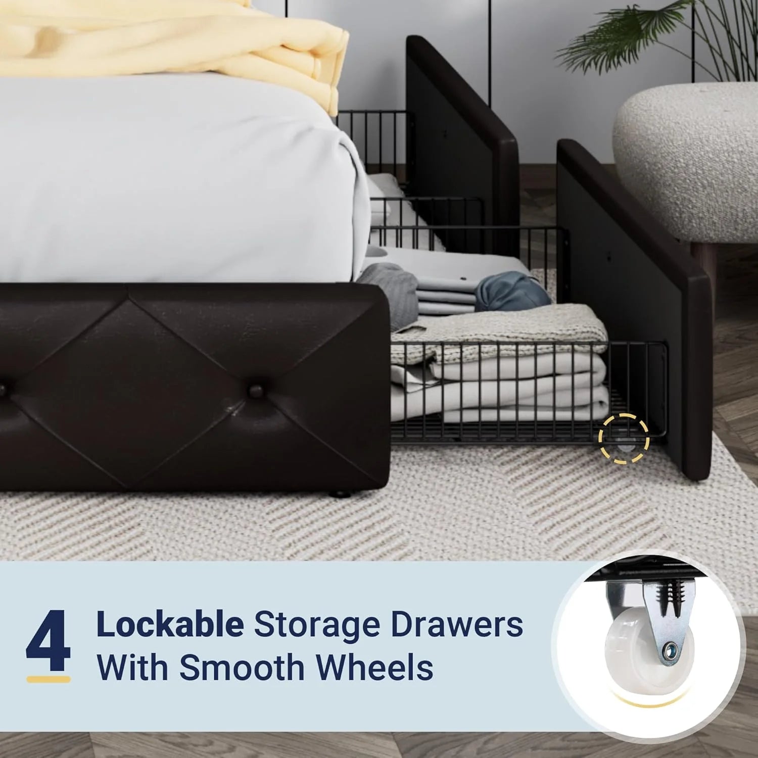 Allewie Upholstered Queen Size Platform Bed Frame with 4 Storage Drawers and Headboard