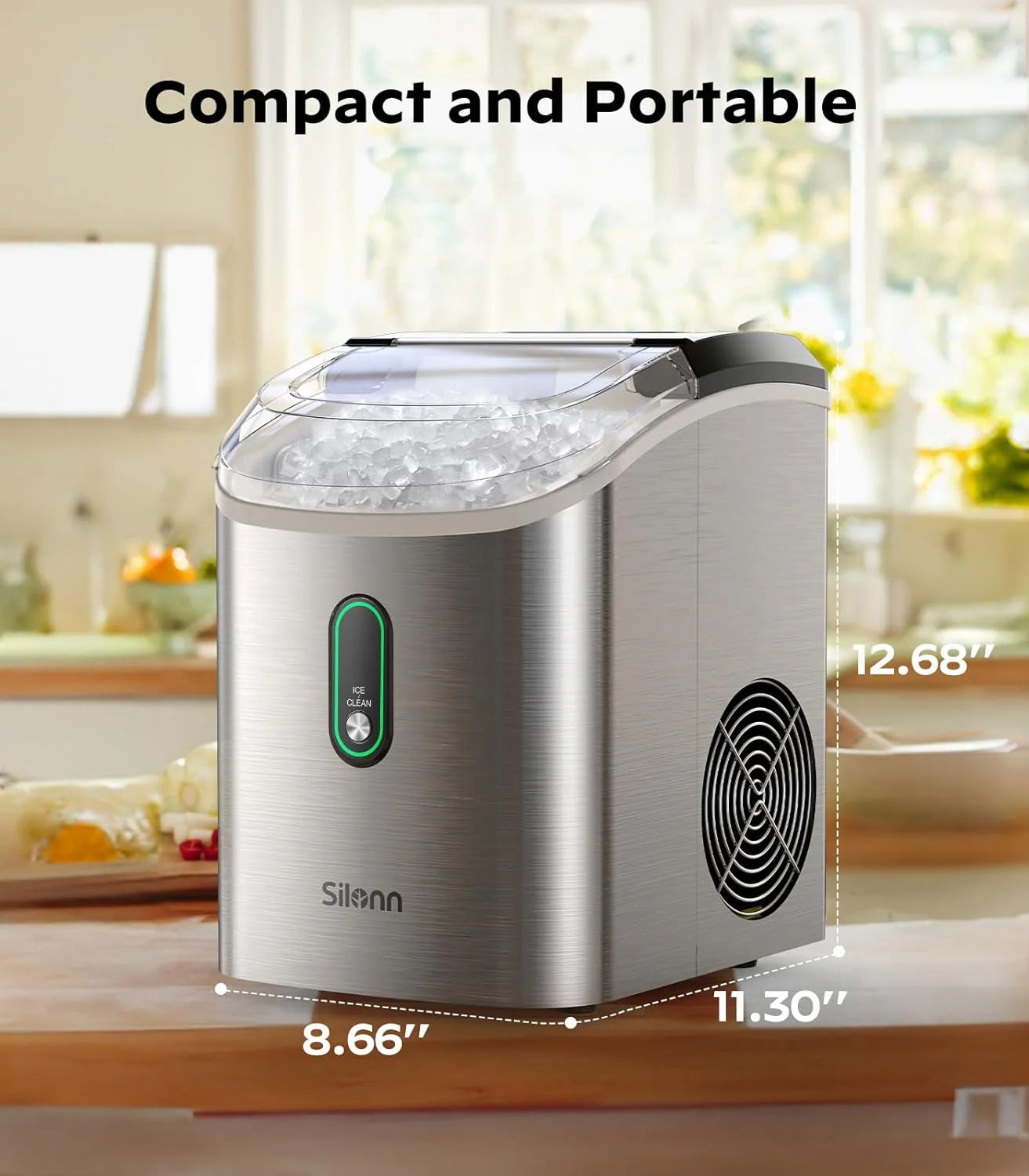 Nugget Ice Maker Countertop, Silonn Chewable Pellet Ice Machine with Self-Cleanin Function, 33lbs/24H Portable Ice Makers for Home Kitchen Officce, Black