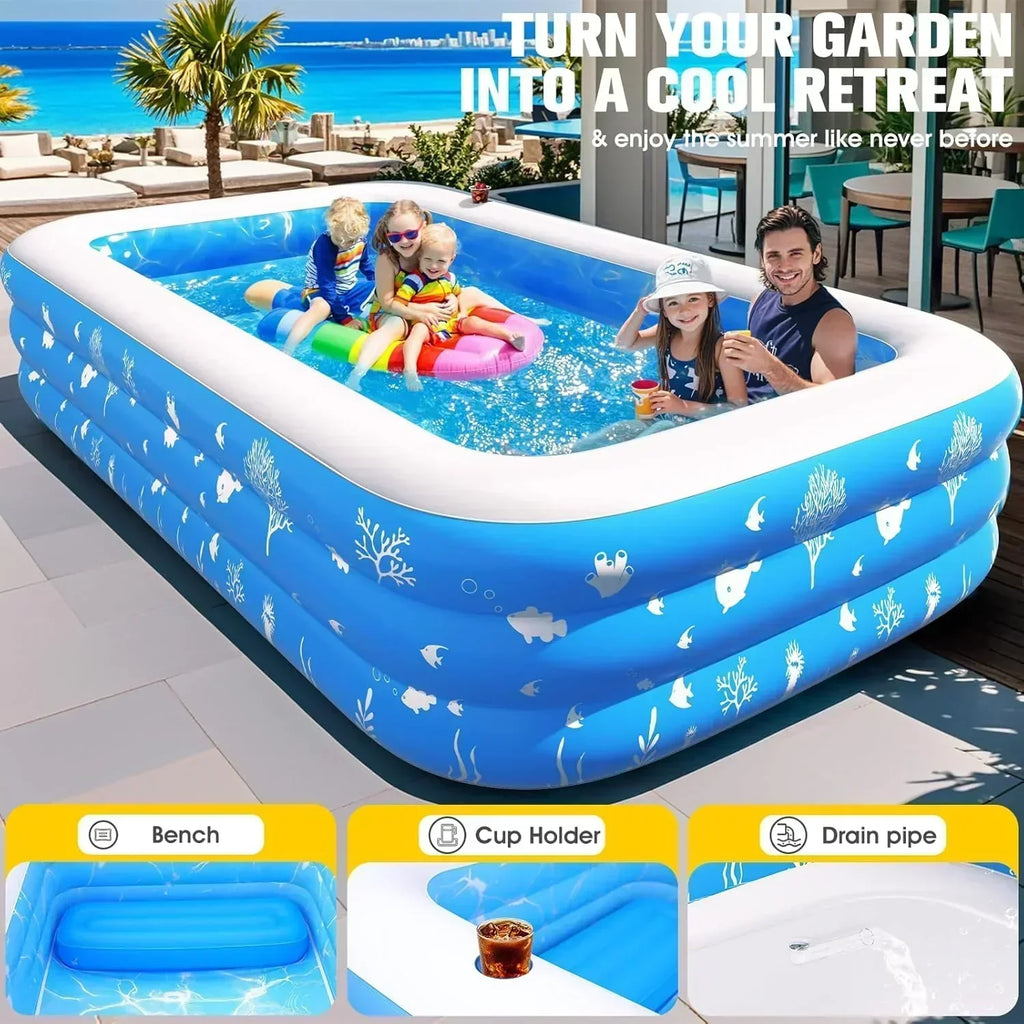 Inflatable Pool with Seat and Pool Lights Durable Thickened Large Size Family Inflatable Pools