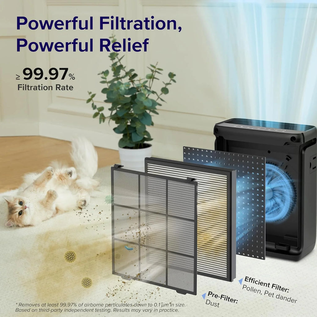 Large-room air purifier for home use with air quality monitor, washable pre-filter, and pet-friendly