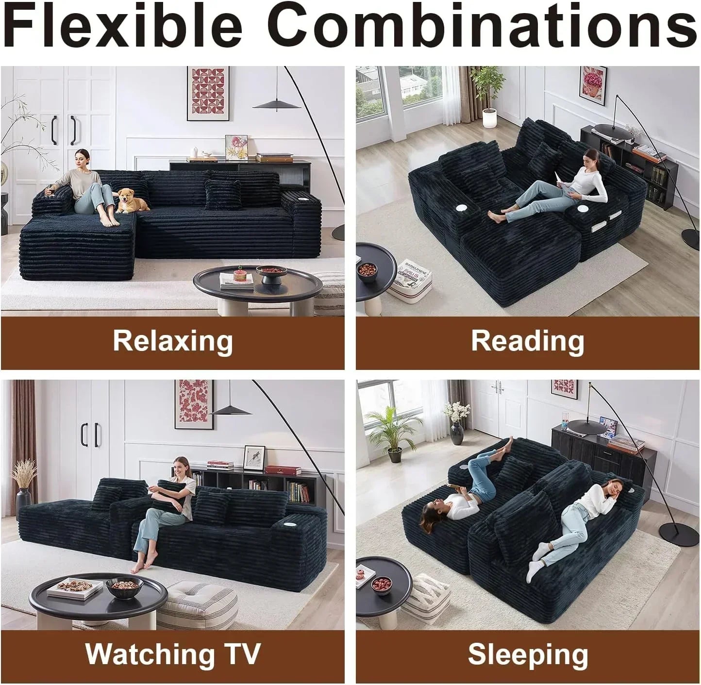 Cloud section sofa with L-shaped recliner modern modular sofa built-in cup holder