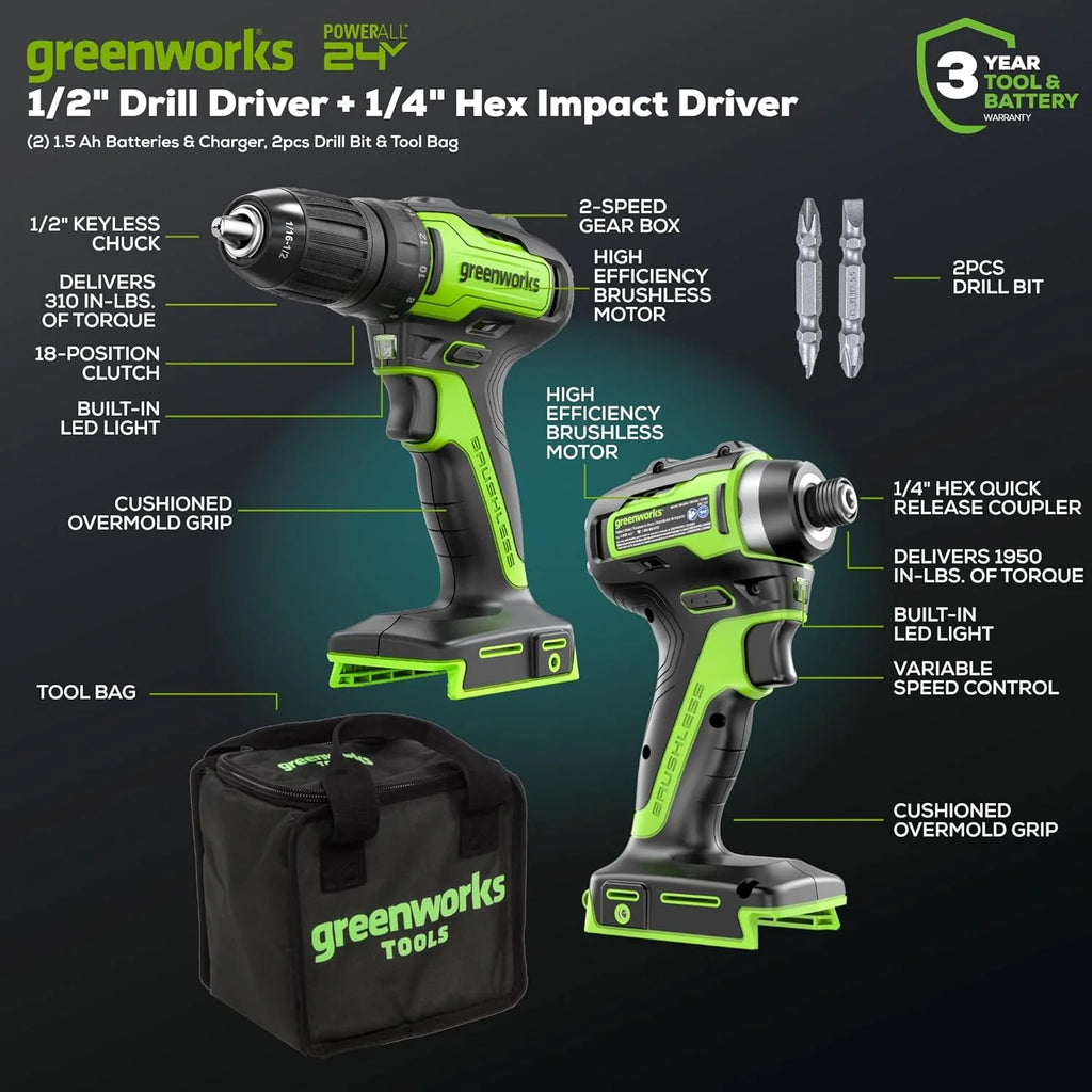 24V Brushless Cordless Drill and Impact Driver,Power Tool Combo Kit Included 1/2�M��rill & 1/4�M��ex Impact Driver and (2) Batteries, Fast Charger, 2 pcs Drill Bit Set & Bag
