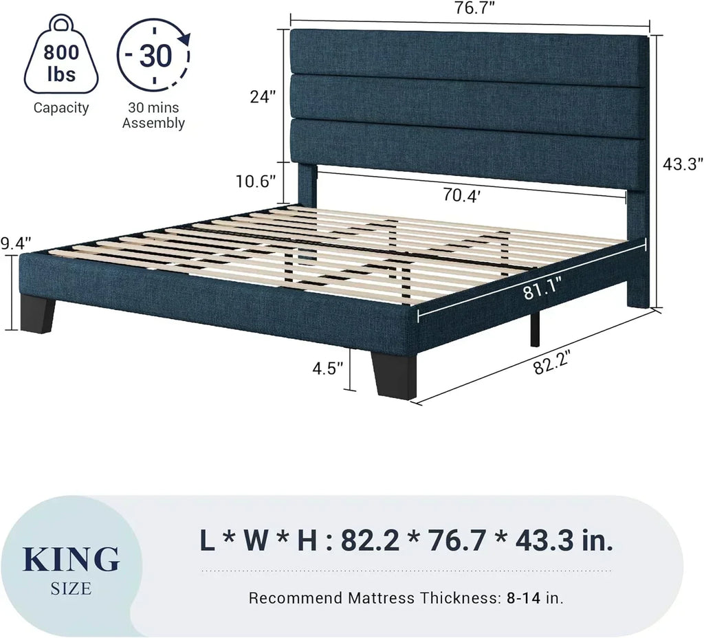 Allewie King size platform bed frame with velvet upholstered headboard and planks
