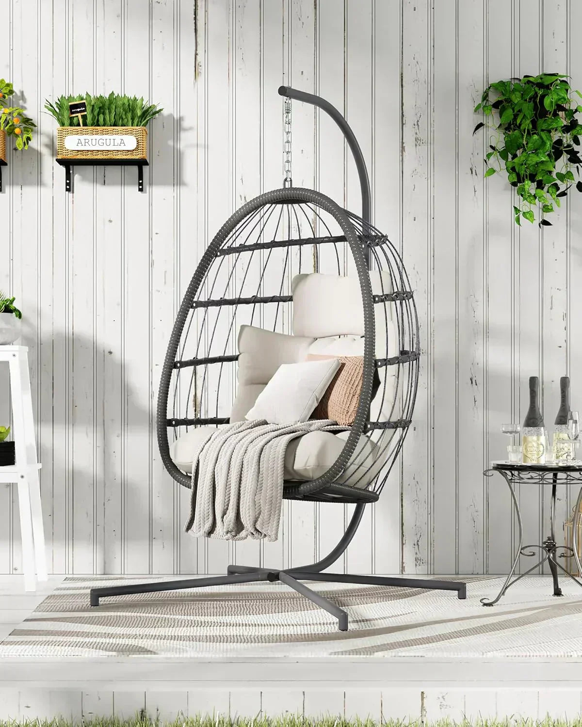 HWB Hanging Egg Chair with Stand Patio Wicker Hammock Egg Swing Chair Cushion for Bedroom