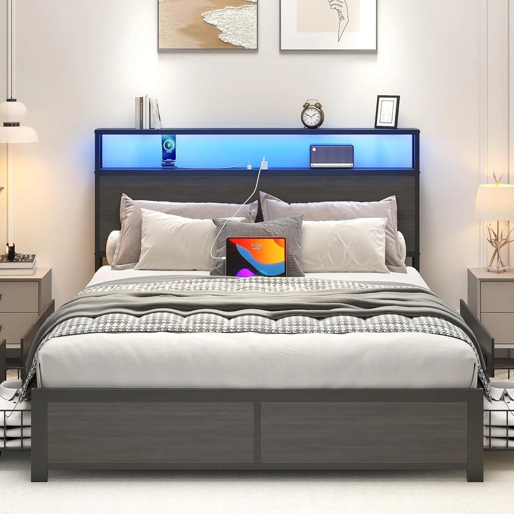 Lifezone Queen Bed Frame with 2-Tier Storage Headboard, Metal Platform Bed Frame with 4 Storage Drawers, Built in Charging Station & LED, Noise-Free/Metal Support/No Box Spring Needed