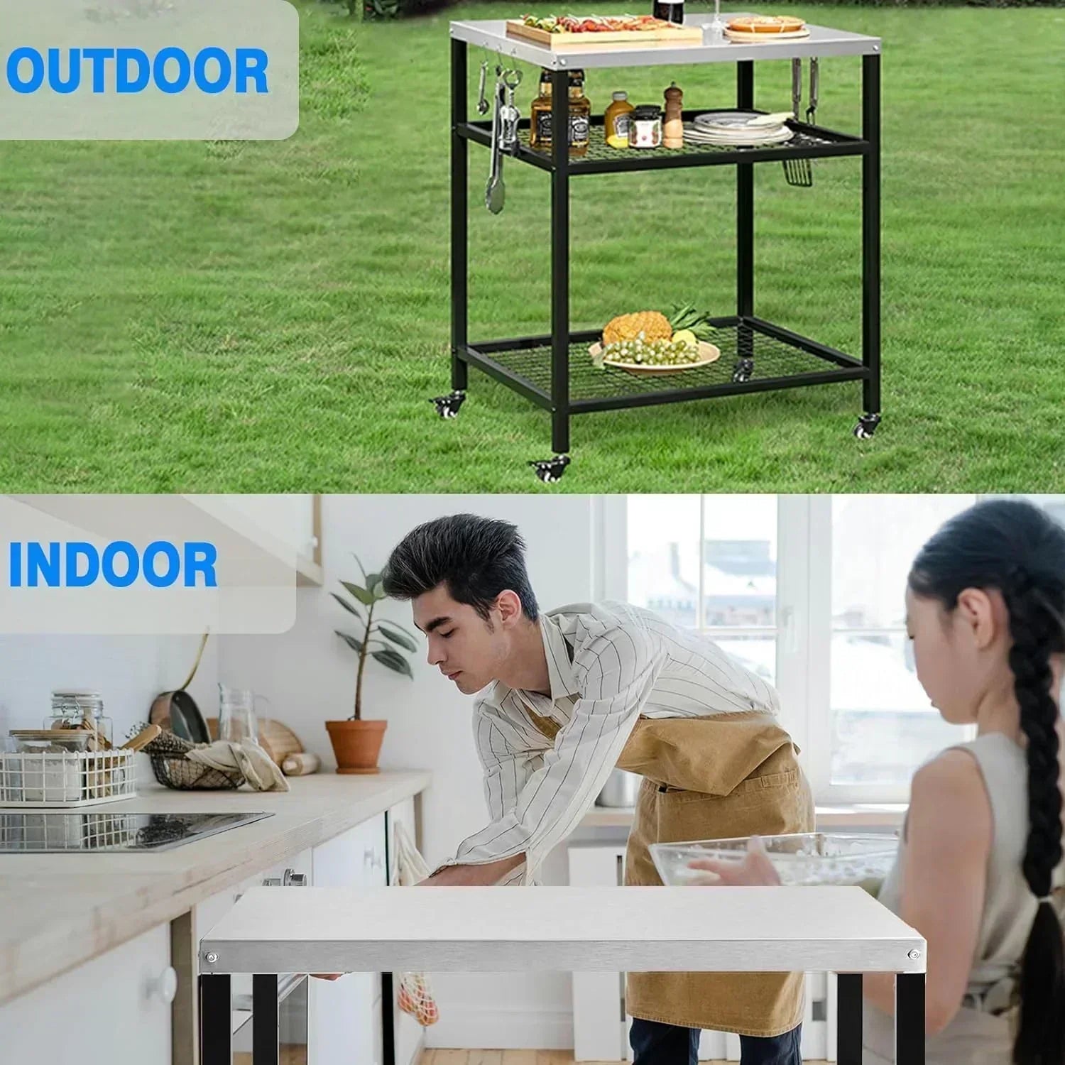 Stainless Steel Outdoor Grill Cart Pizza Oven Stand Trolley Table with Wheels Three-Shelf
