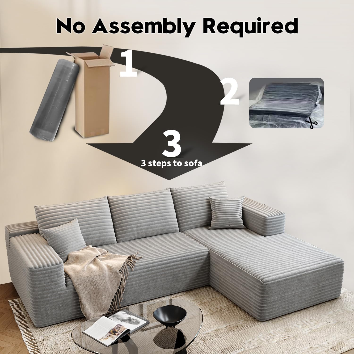 107.5 inch Cloud Modular Sectional Sofa with L-Shaped Chaise Lounge, Modern Minimalist Upholstered Sofa Deep Seating Corner Sofa