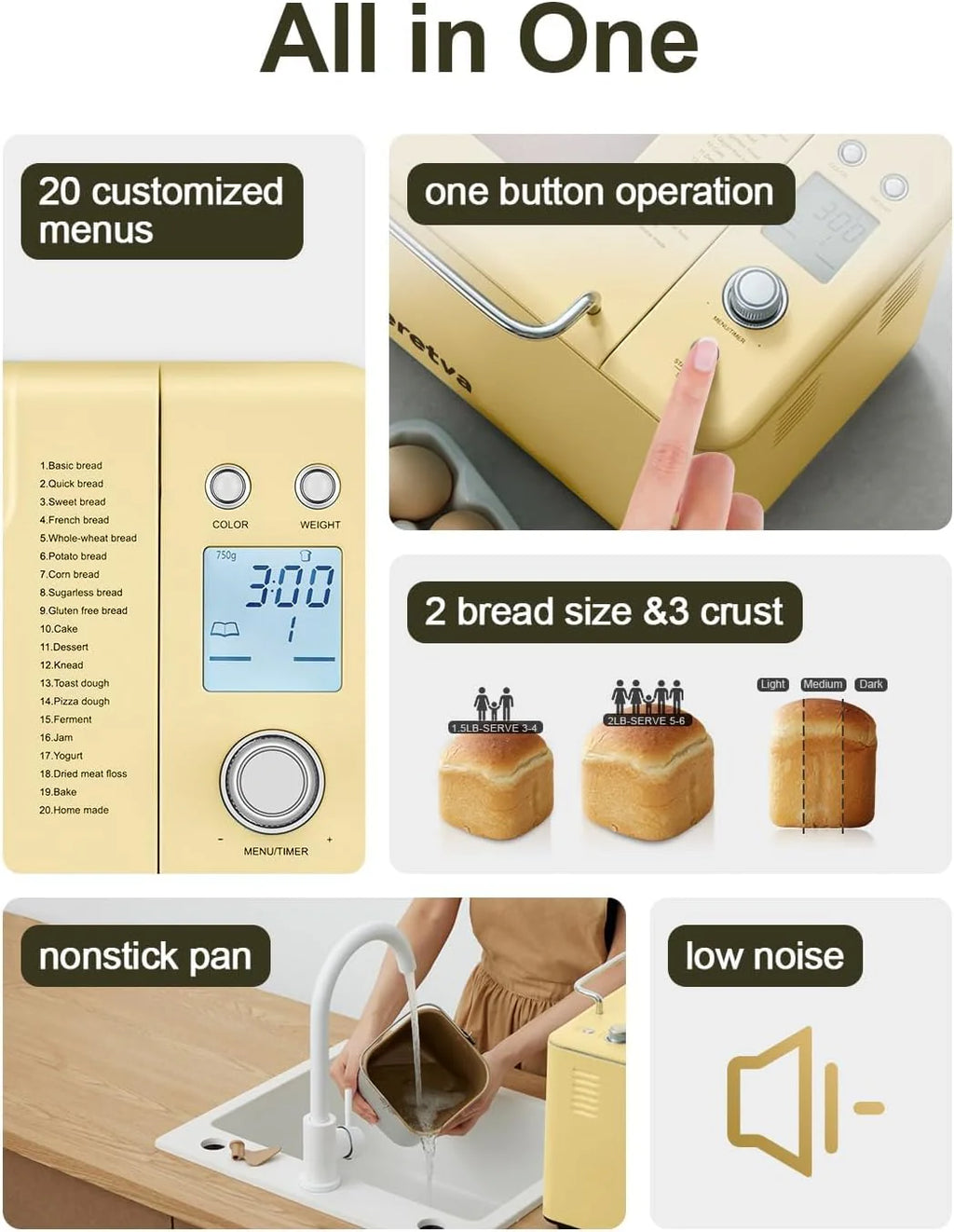 Neretva Bread Maker, 20-IN-1 2LB Bread Machine Dual Heater Bread Maker Machine Automatic with Nonstick Ceramic Pan, 15H Timer & 1H Keep Warm Set, Low Noise, Stainless Steel Breadmaker Recipe-Green