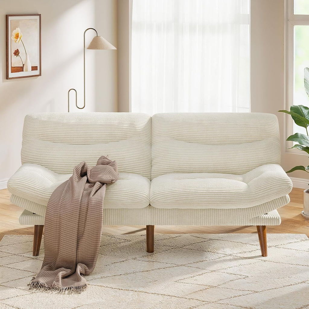 Pipishell Convertible Futon Sofa Bed,66 Corduroy Futon Couch with Adjustable Backrest and Armrests, Recliner Sleeper Sofa for Small Spaces, Play Room or Office, Grey